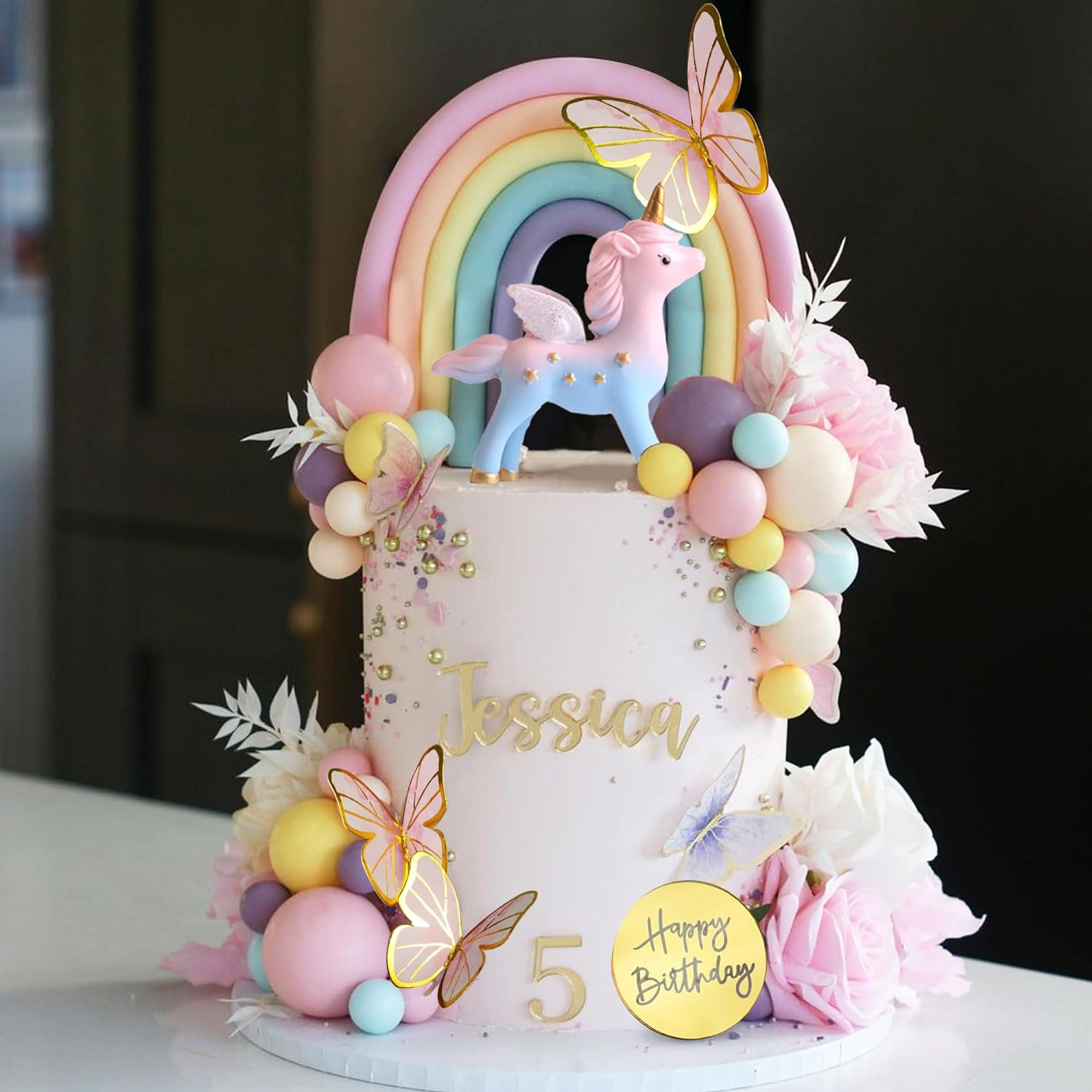 47 PCS Unicorn Cake Topper Unicorn Rainbow Cake Decorations with Rainbow Butt... - Picture 2 of 16