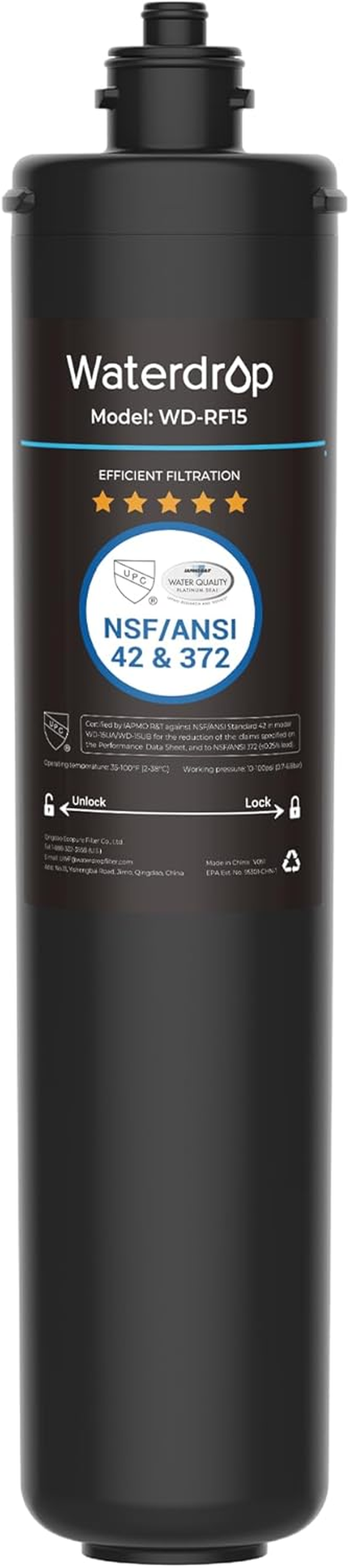 Waterdrop RF15 Replacement Filter Cartridge for 15UA/15UB/15UC under Sink Water Filter, Reduces PFOA/PFOS, PFAS, Lead, Chlorine, Bad Taste & Odor, NSF/ANSI 42 Certified, 19K Gallons High Capacity