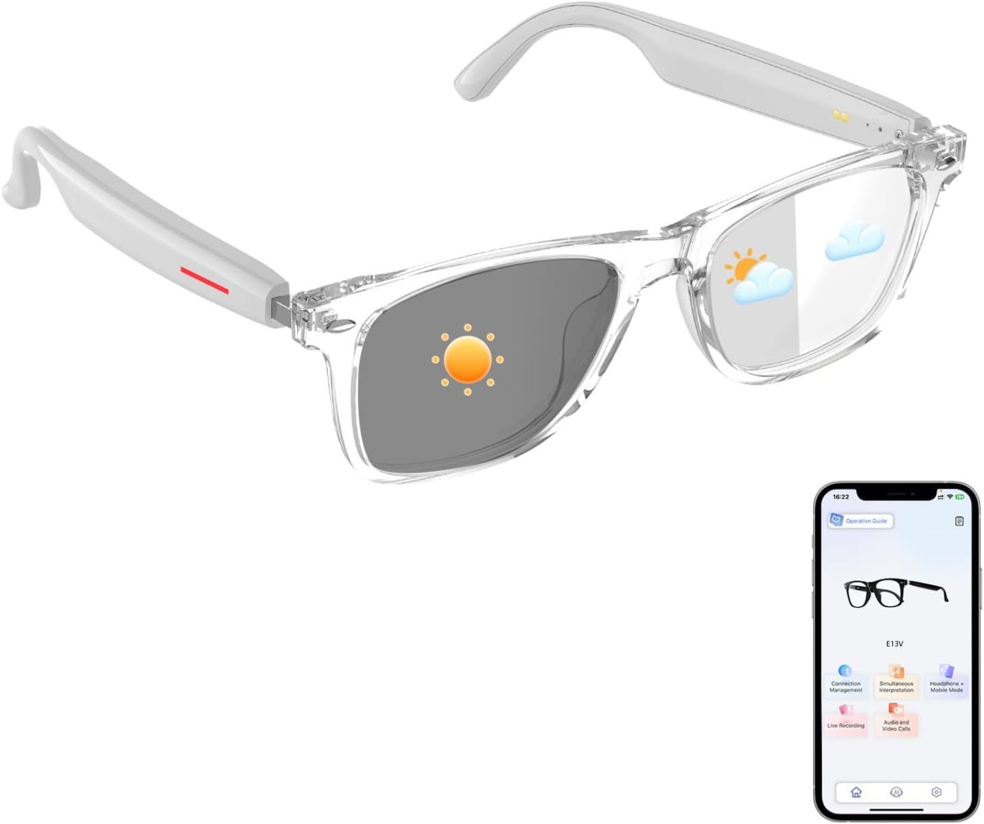 AI Bluetooth Glasses, AI Glasses Powered by Chatgpt, Color-Change Lenses, Support 169 Languages, Real-Time Translation via APP, Smart Glasses for Meeting/Travel/Trade (Clear)