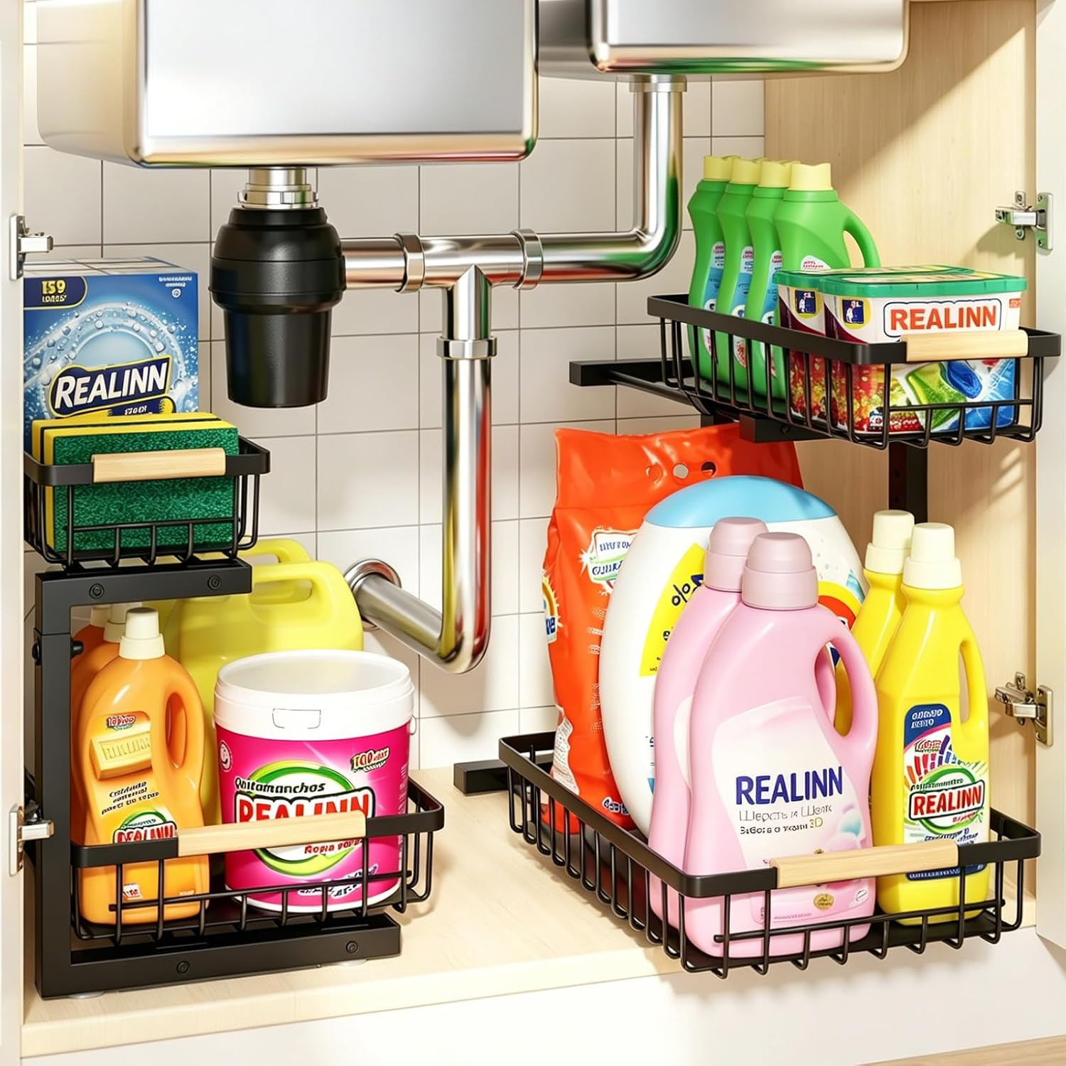 Under Sink Organizer, 2 Pack Height Adjustable under Sink Organizers and Storage, 2 Tier Pull Out Drawer Cabinet Storage for Kitchen Bathroom