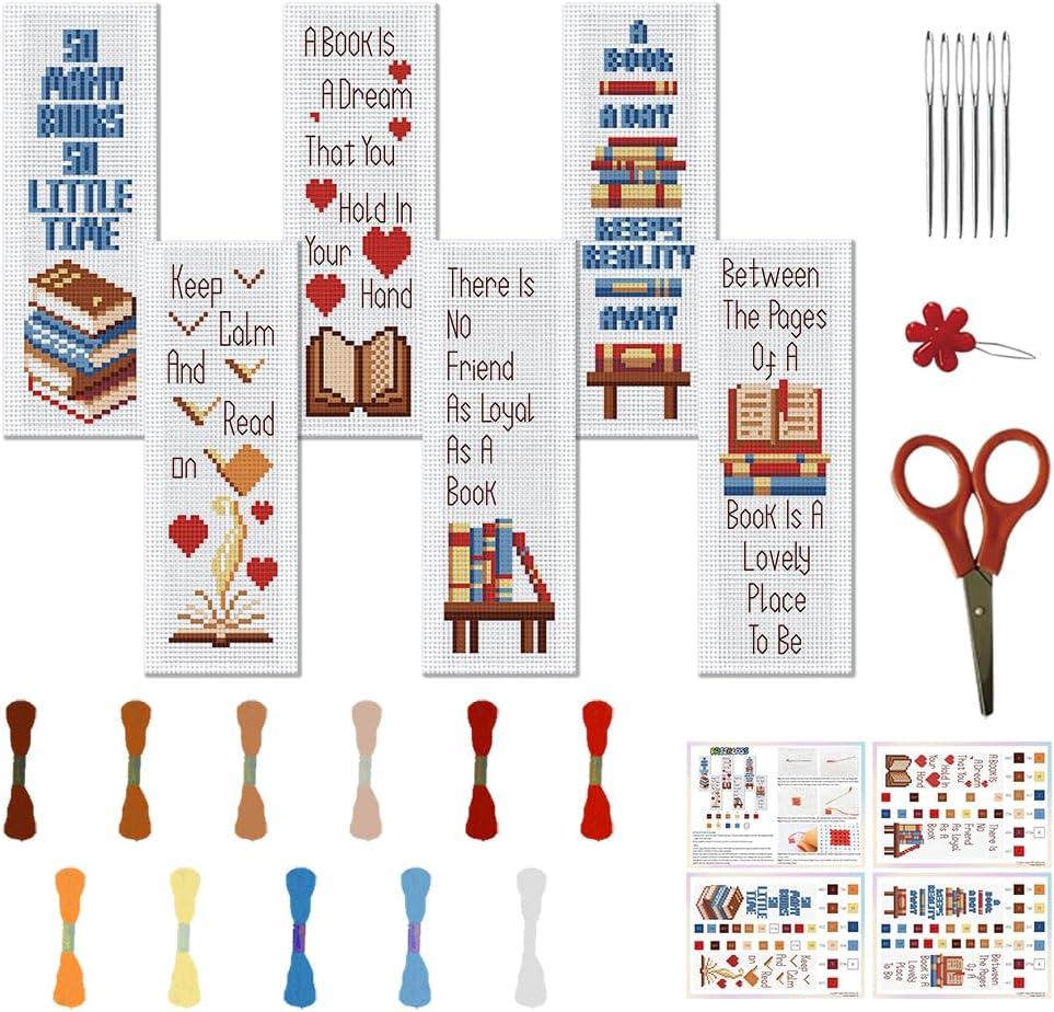 6 Set 11CT Cross Stitch Bookmark Kit Books Text Pattern 6 * 20CM | Cross Stitch Kits for Beginners DIY Embroidery Bookmark Kit Embroidery Kit for Adults Gift with Backing Felt