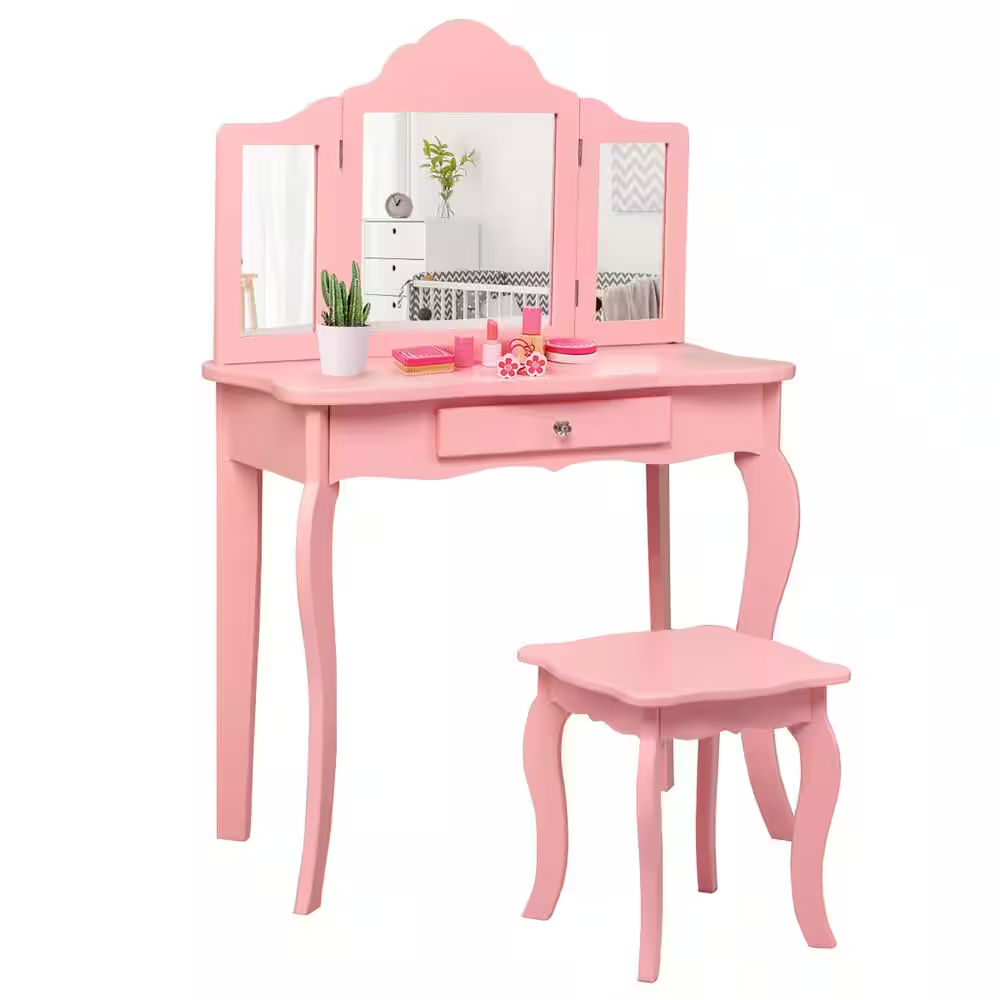 Pink Kids Vanity Table and Stool Princess Dressing Make up Play Set for Girls Playard