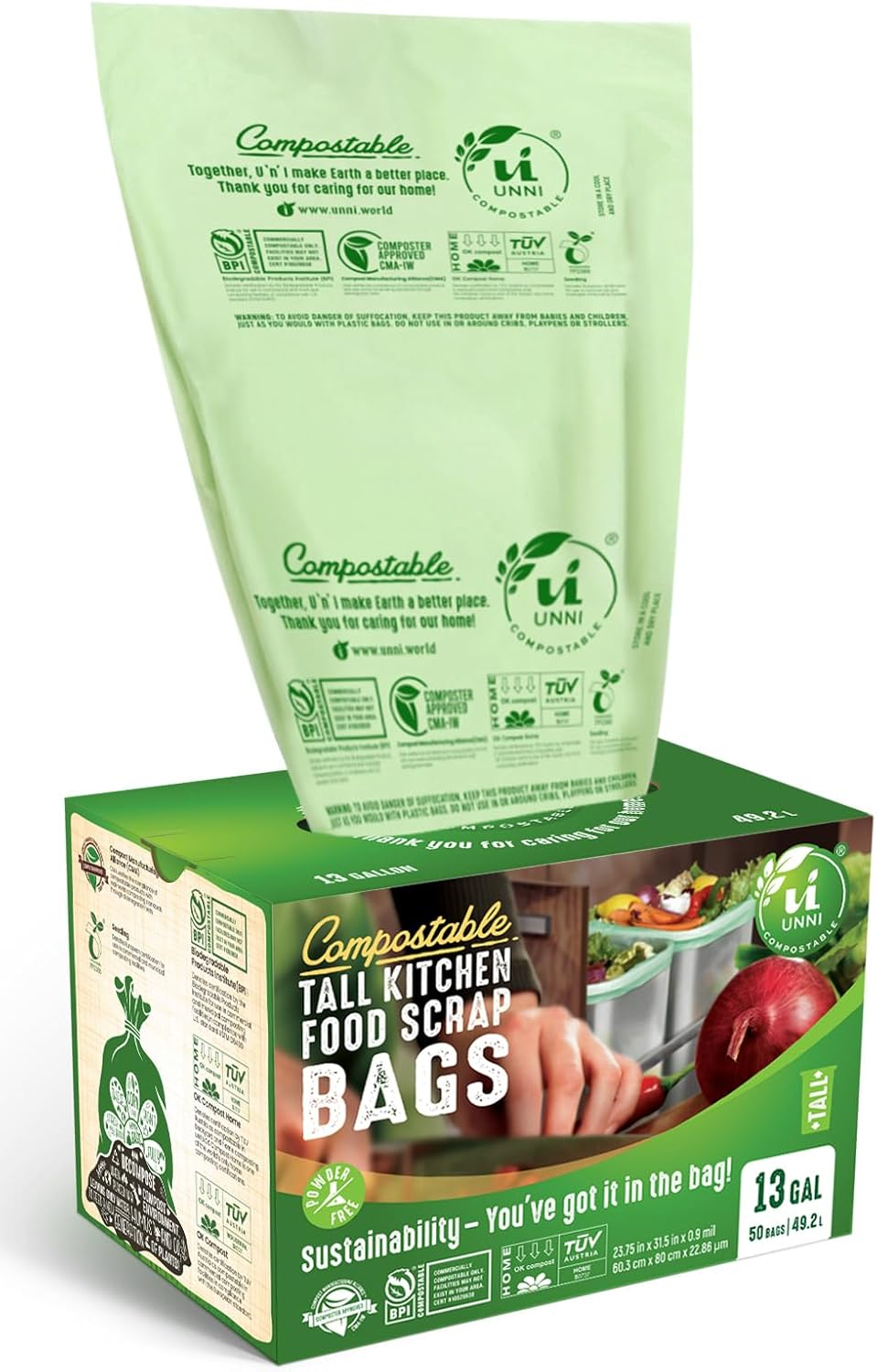 Compostable Trash Bags, 13 Gallon / 49.2 Liter, 50 Count, Extra Thick 0.9 Mil Tall Kitchen Food Scrap Bin Liners, Certified by BPI, CMA & OK Compost HOME, Meets the ASTM D6400 Standard
