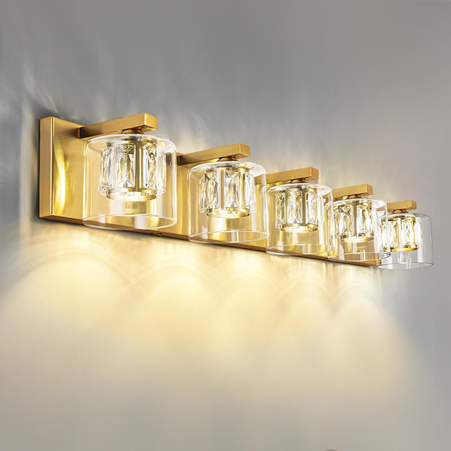 Modern Crystal Bathroom Vanity Lights,( 5-Light Gold) Bathroom Light Fixtures over Mirror, Crystal inside Wall Sconce Lighting with Clear Glass Outer Shade, 36 Inch Wall Sconces