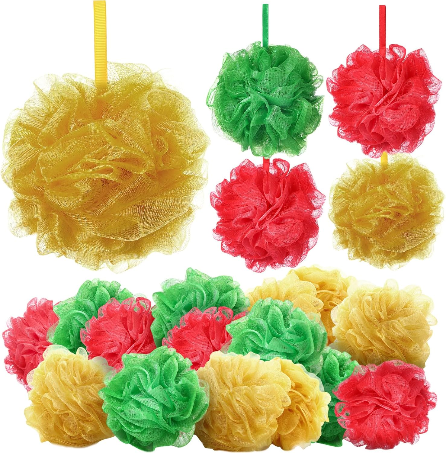 24 Pcs Halloween Bath Loofah Sponge Orange Black Loofah Exfoliating Body Scrubber Shower Sponge 50G Mesh Shower Pouf Balls Gift Set for Women Men Christmas Bathing Accessories(Red,Green,Gold)