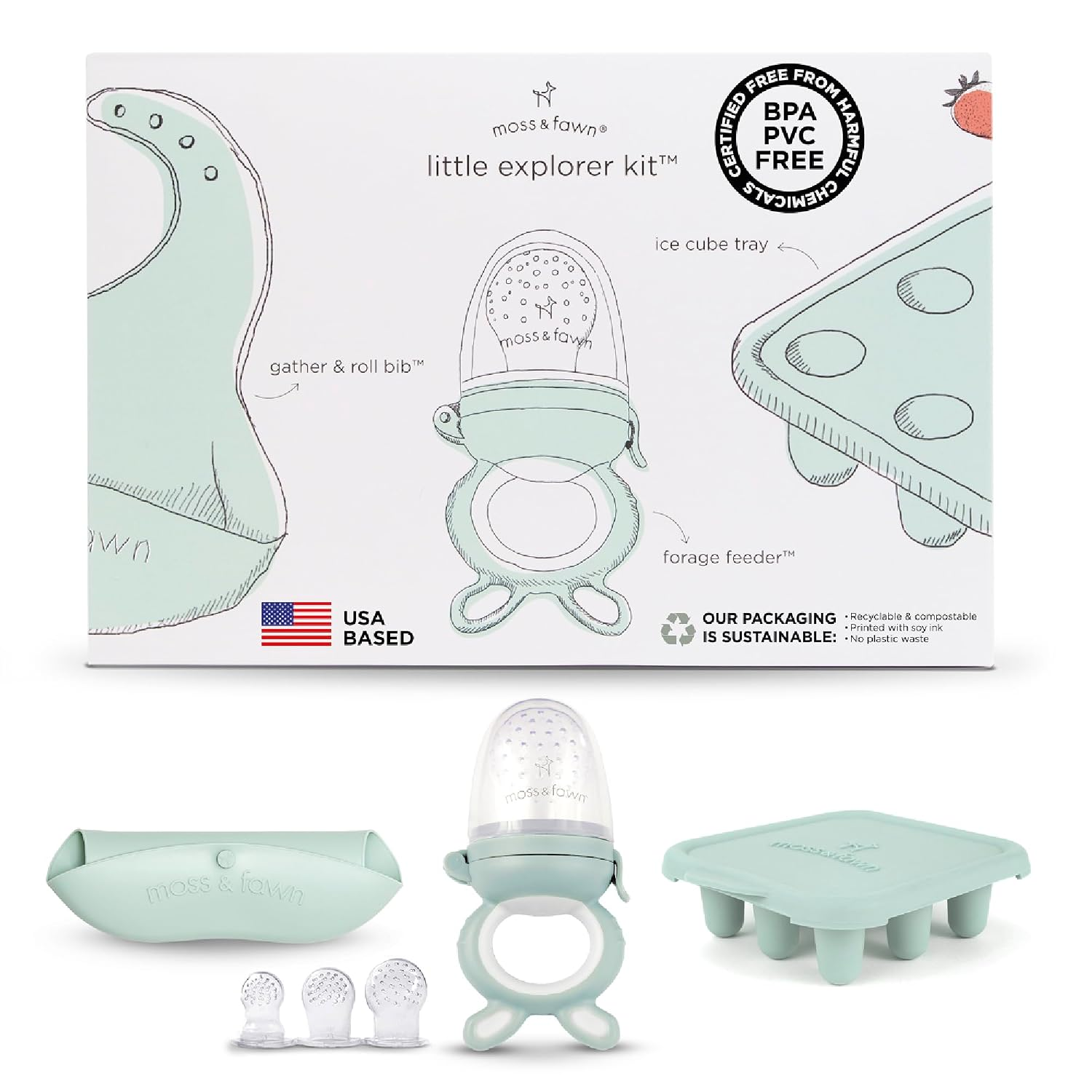 Moss and Fawn Little Explorer Kit - Teething Pacifier & Bib - Fern