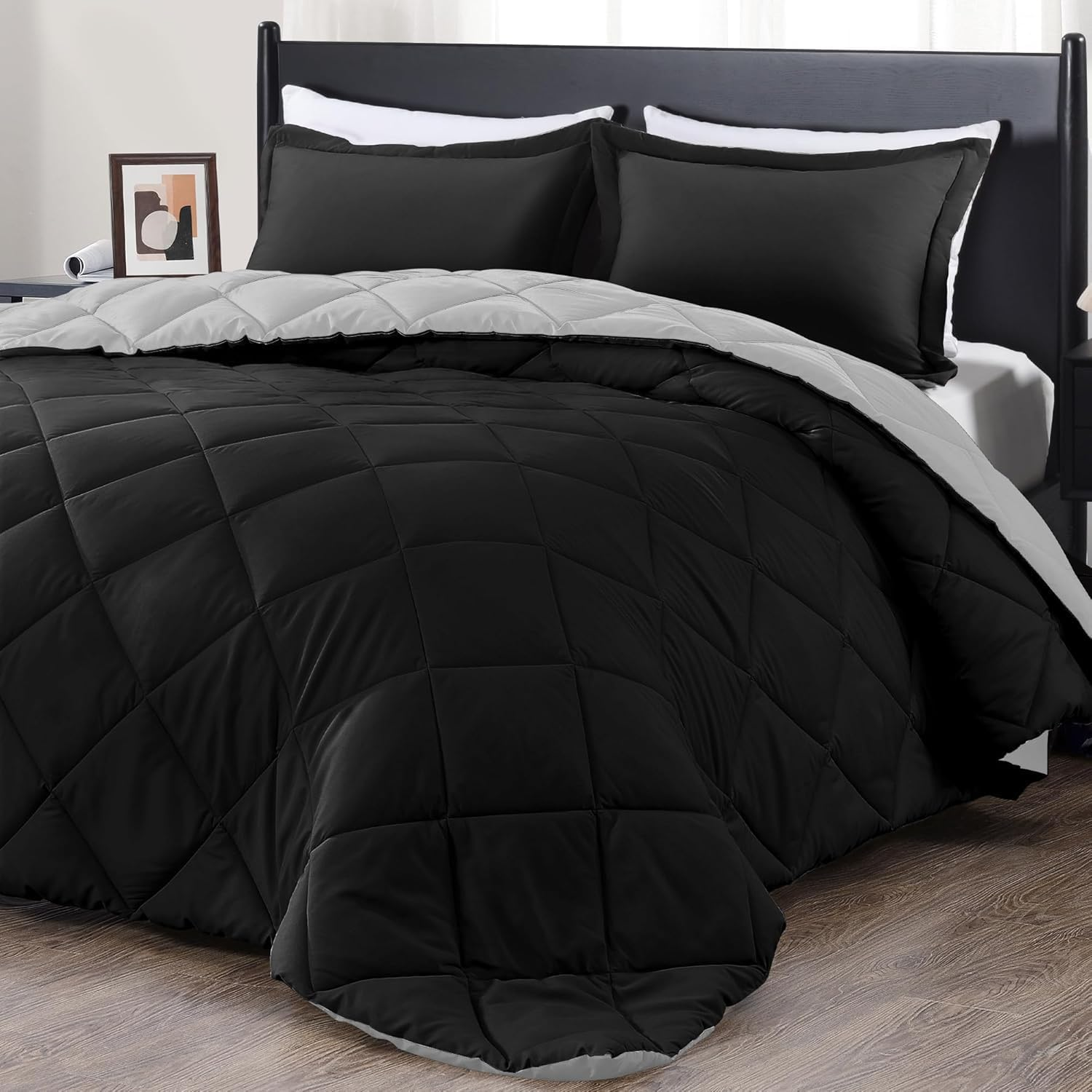 Queen Comforter Set - Black and Grey Comforter Set Queen, Soft Bedding Sets for All Seasons -3 Pieces - 1 Comforter (88"X92") and 2 Pillow Shams(20"X26")