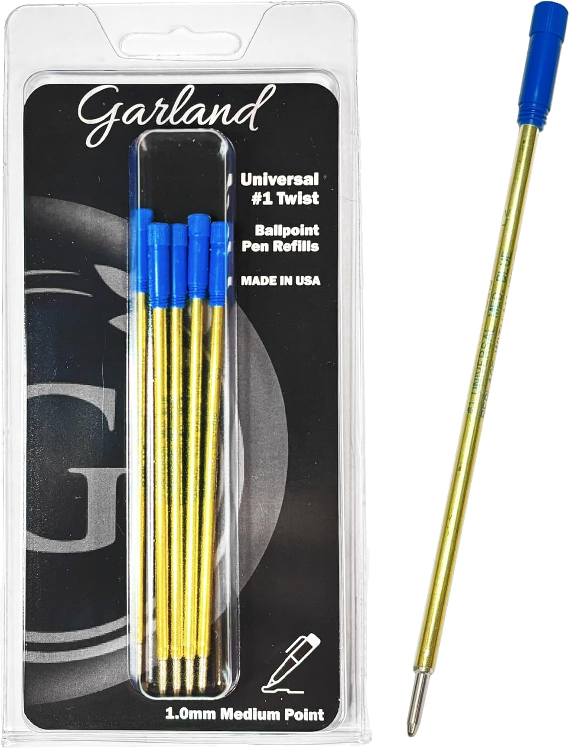 Garland Universal #1 Cross Compatible Ballpoint Pen Refill, USA Made, Archival Ink, 1.0Mm Medium Point, Smooth Writing, 5 Pack (Blue)