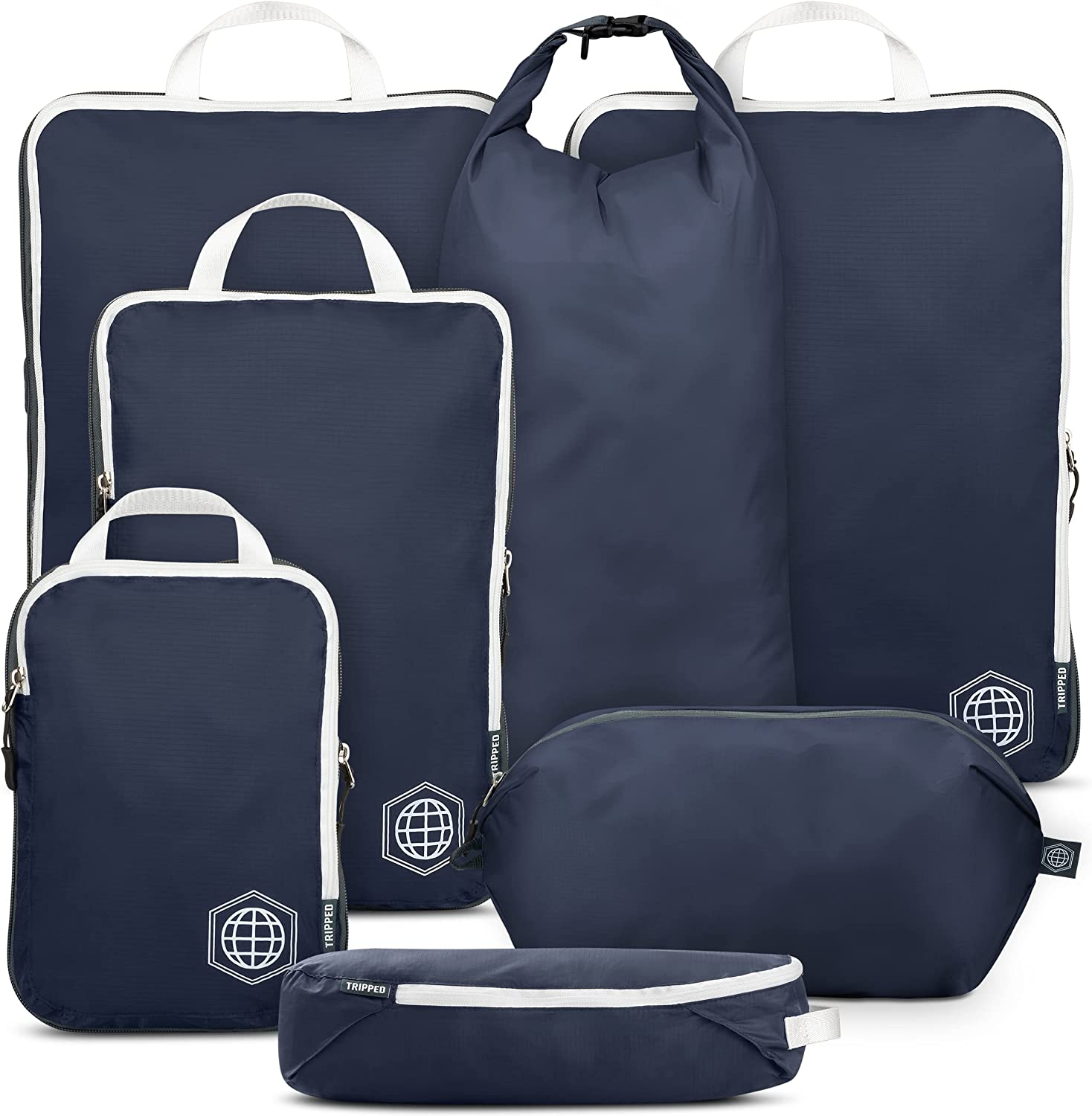 Large Packing Cubes for Travel-Extra Large Compression Packing Cube Luggage Organizers 7 Piece Set-Ultralight, Expandable/Compression Bags for Clothes by (Navy/White)