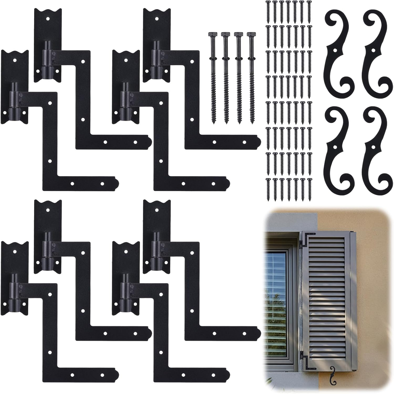 Shutter Hardware, 4 Black Hinges 2 S Holdback Hooks, 2 Set