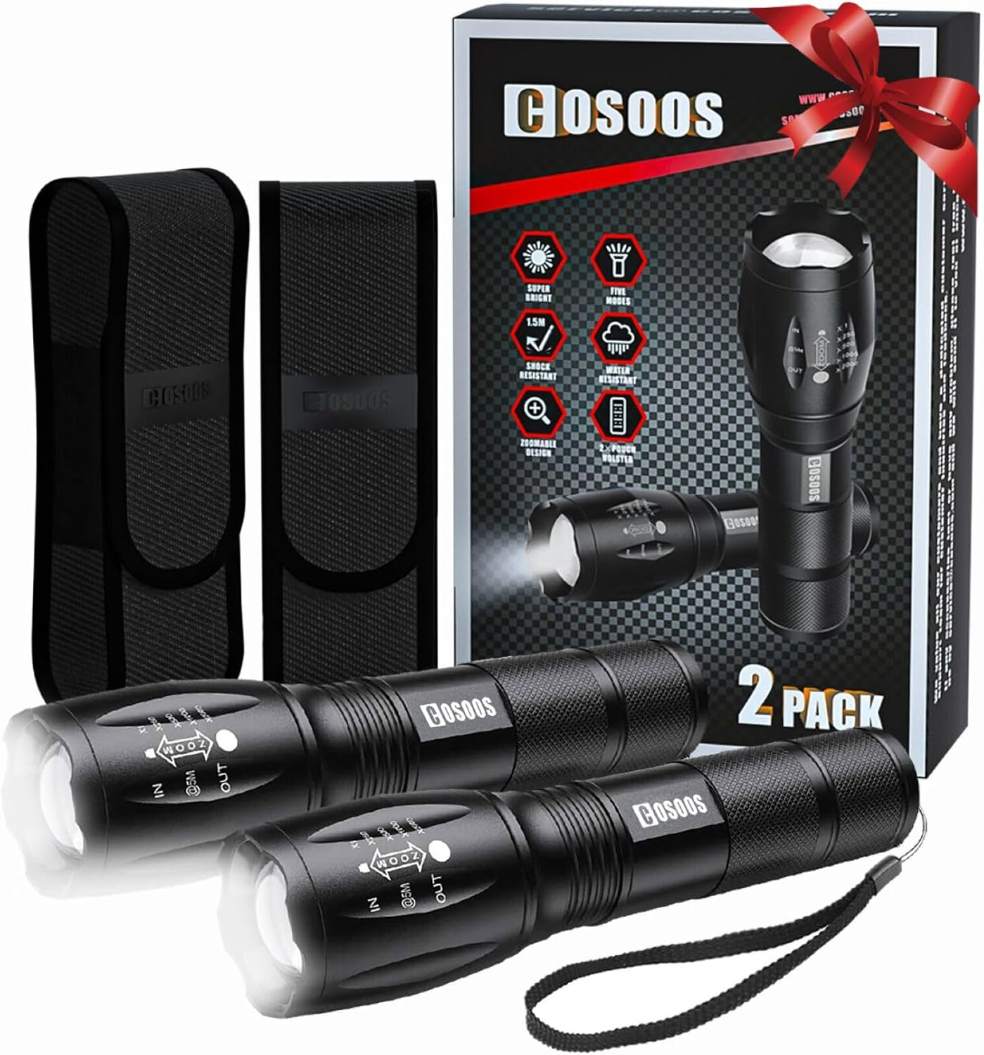 COSOOS 2 Tactical Flashlights with Holsters, Bright LED Flashlight 1000 Lumen, 5 Mode Portable Zoomable Waterproof Flash Light for Hiking, Outdoor Camping Gear Essential, No AAA Battery