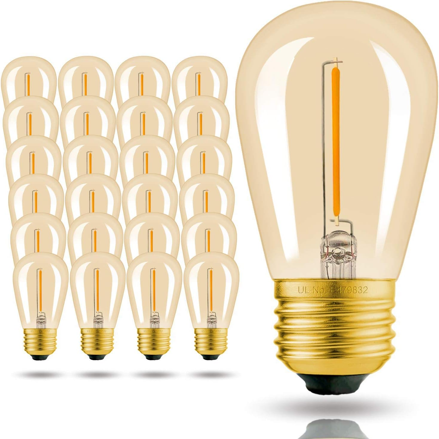 25 Pack S14 String Light Bulbs , Amber 2200K 11W S14 LED Bulbs for Outdoor String Lights, 1W Dimmable Shatterproof Waterproof, E26 Base Ediosn Bulbs, UL Listed
