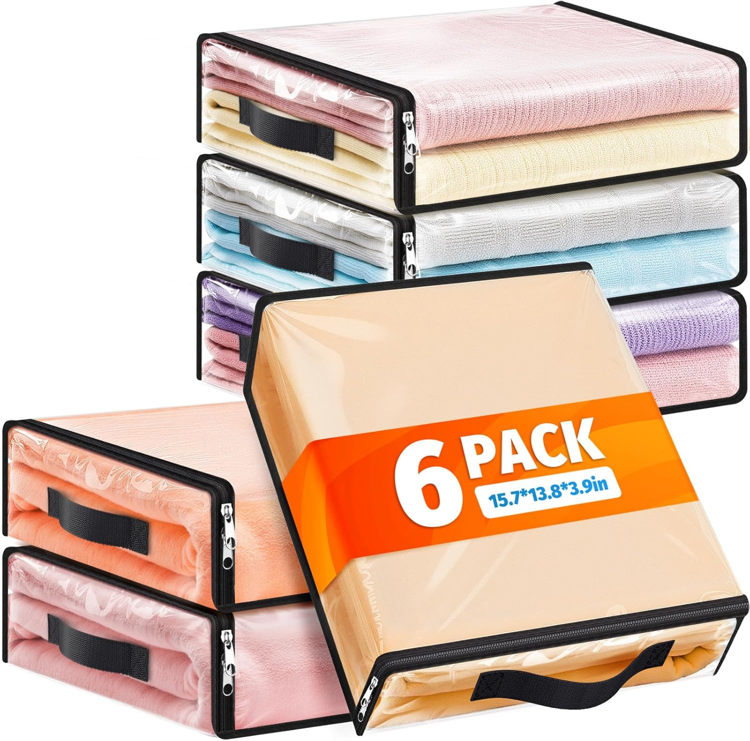 6 Pack Clear Storage Bags, Plastic Blanket Storage Bags with Zipper and Handle, Moving Bags for Comforter, Bedding & Clothes, Closet Organizer and Under Bed Storage (15.7x13.8x3.9 Inch)