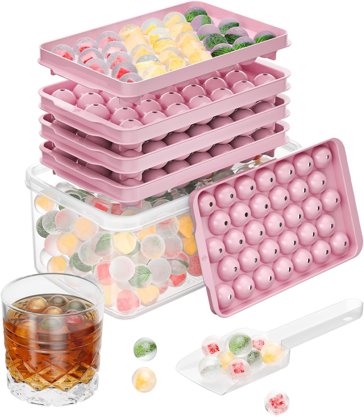 3 Pack Ice Trays for Freezer, 99 PCS Ice Cube Tray with Lid and Bin, Round Ice Cube Mold, Circle Ice Maker for Chilling Drinks (0.8 inch, Pink)