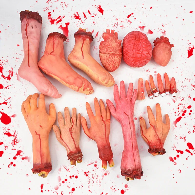 Horror Halloween Rubber Body Part Props – Fake Hands, Legs, Hearts & Brains for Haunted House & Party Decor