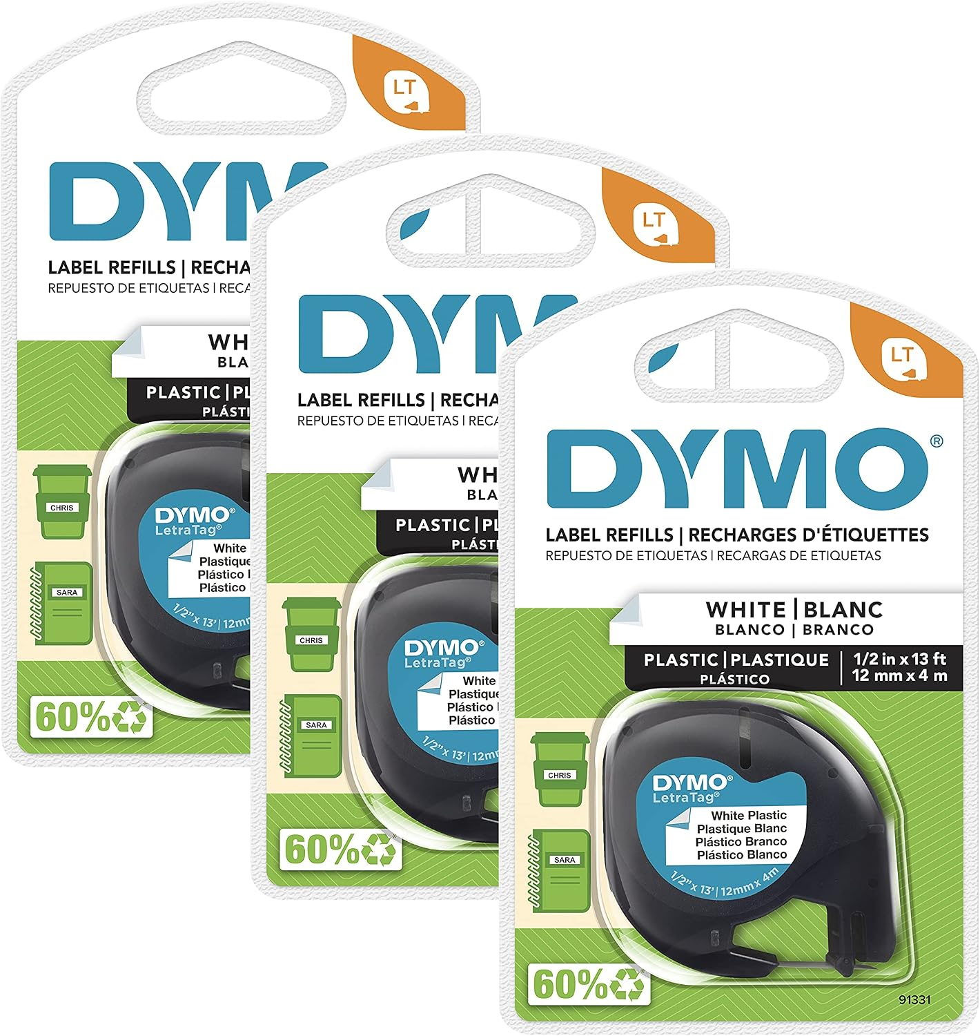 LT Plastic Labels for LetraTag Label Makers, Black Print on White Labels, 1/2-Inch x 13-Foot Rolls, 3 Count - Package May Vary