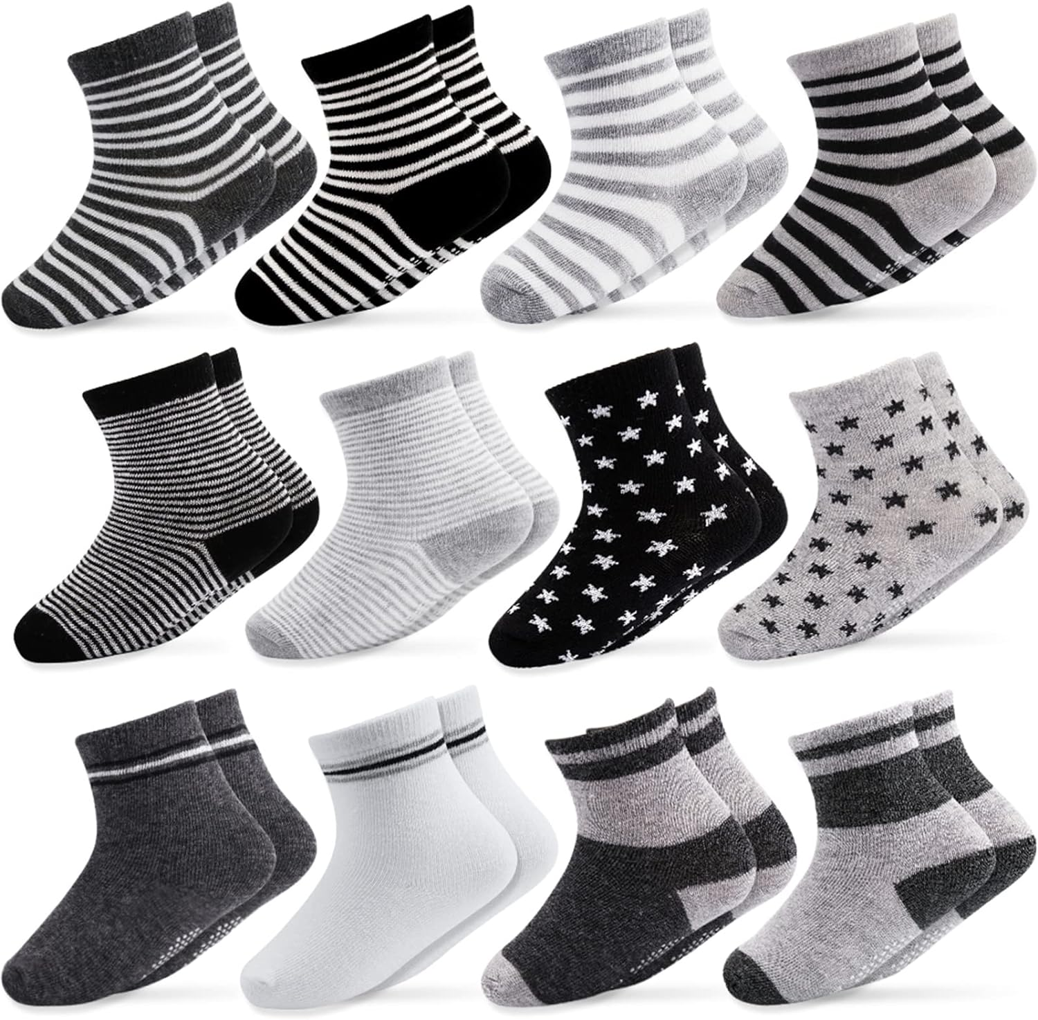 Baby Socks, 12 Pairs Non Skid anti Slip Cotton Grip Socks for Toddler Baby Kids