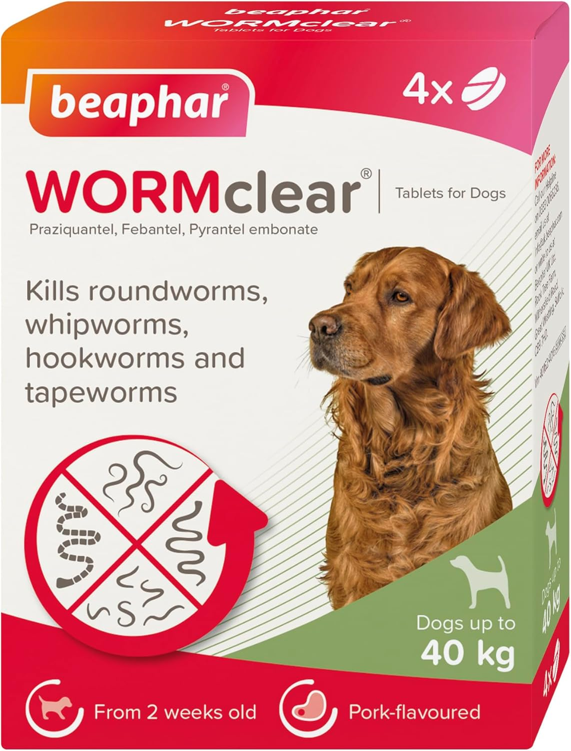 Beaphar - Wormclear® Tablets for Dogs up to 40Kg - 4 Tablets - Kills All Common UK Intestinal Worms (Roundworms & Tapeworms) - Vet Strength Wormer - Pork-Flavoured - for Dogs over 2 Weeks Old & 3Kg