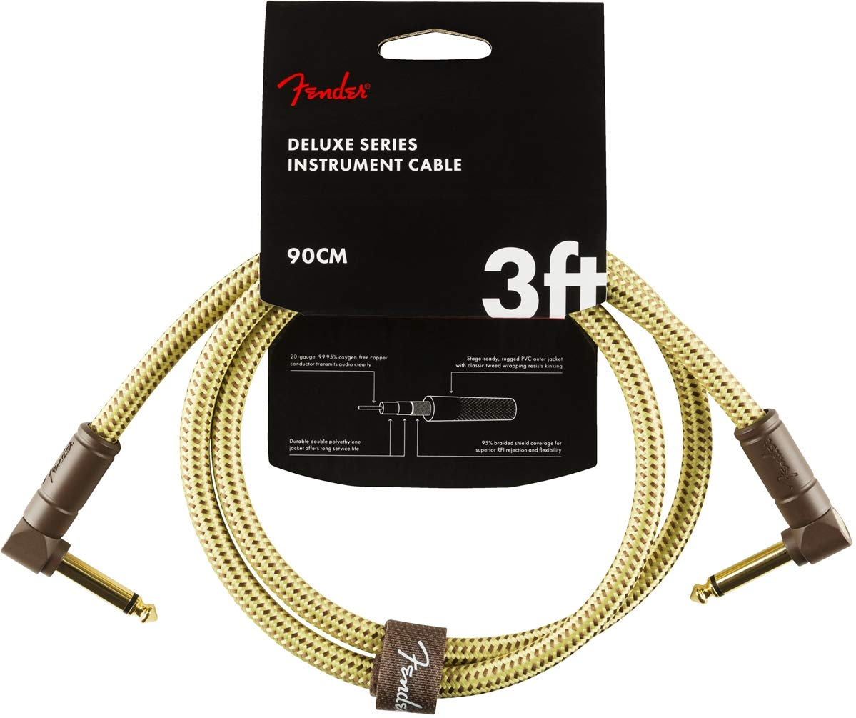 Fender Deluxe Instrument Cable, 3Ft, Angled, Gold-Plated, Tweed | Short Guitar Cable for Pedalboard, 24K Gold-Plated 1/4" Jacks, 99% Oxygen-Free Copper, Angled/Angled, Low Noise