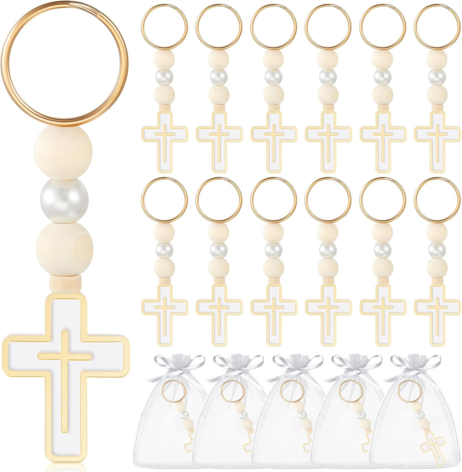 24 Pcs First Holy Communion Favors Rosary Beads with Cross Crucifix Keychain with White Organza Bag Baptism Favors or Christening Baptism First Communion Gifts