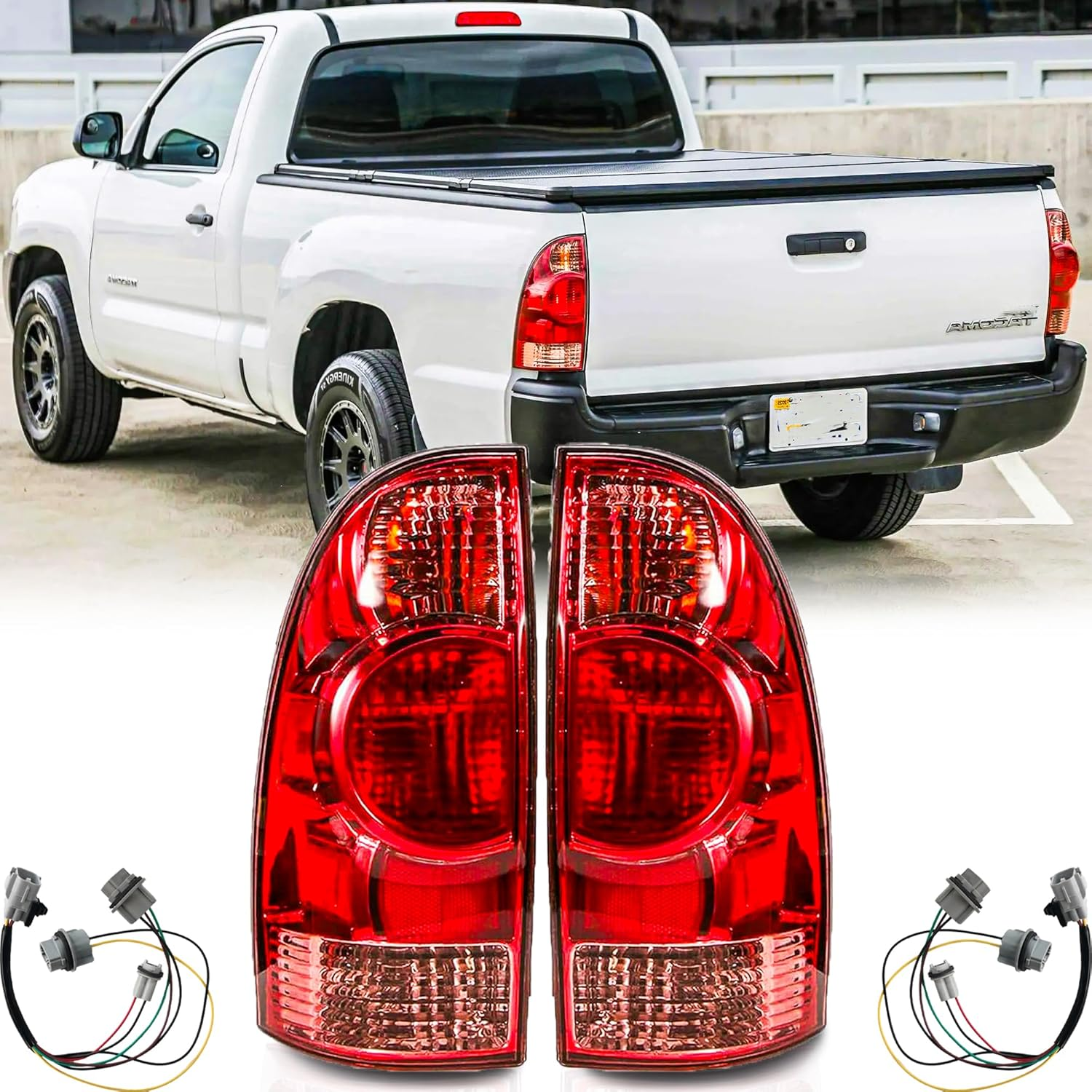 Tail Lights Assembly Pair with Harnesses for 2005-2015 Toyota Tacoma Pickup Halogen Red Taillights Rear Back Brake Signal Lamps Driver and Passenger Side,Chrome Housing Clear Lens
