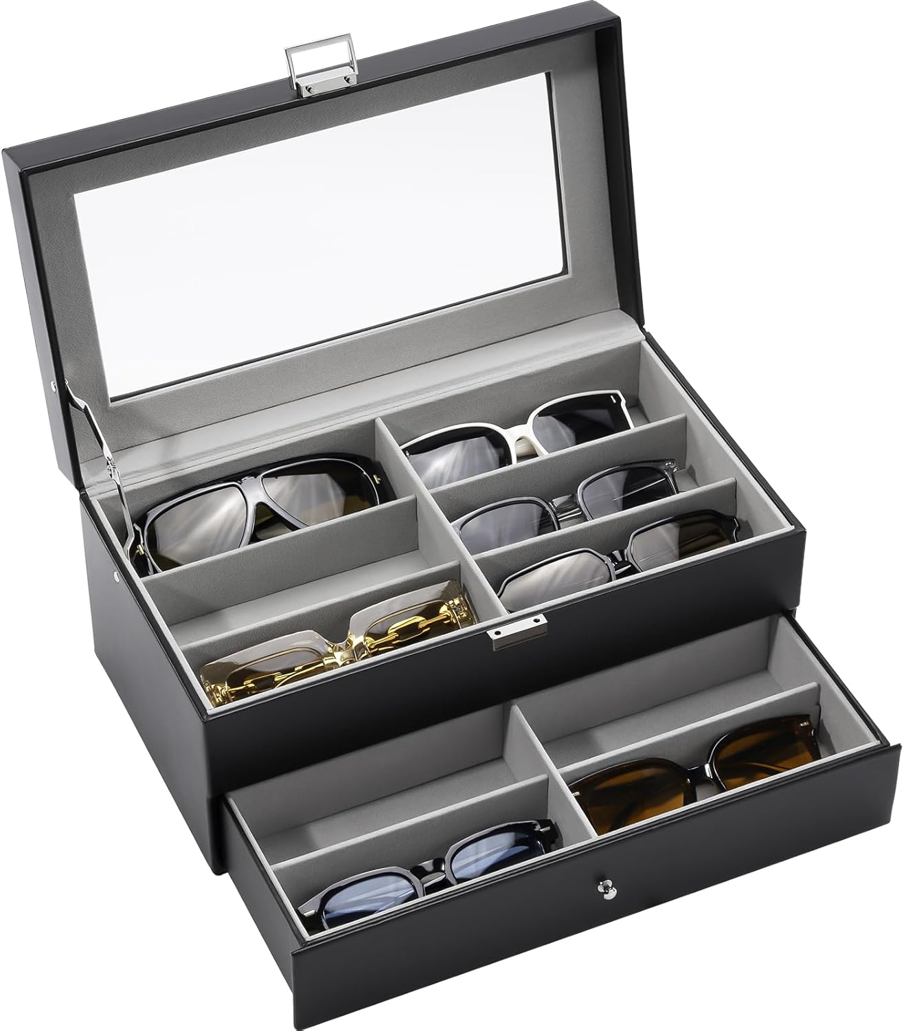 Organizador gafas de sol 12 ranuras 2 capas cuero para exhibir y almacenar negro