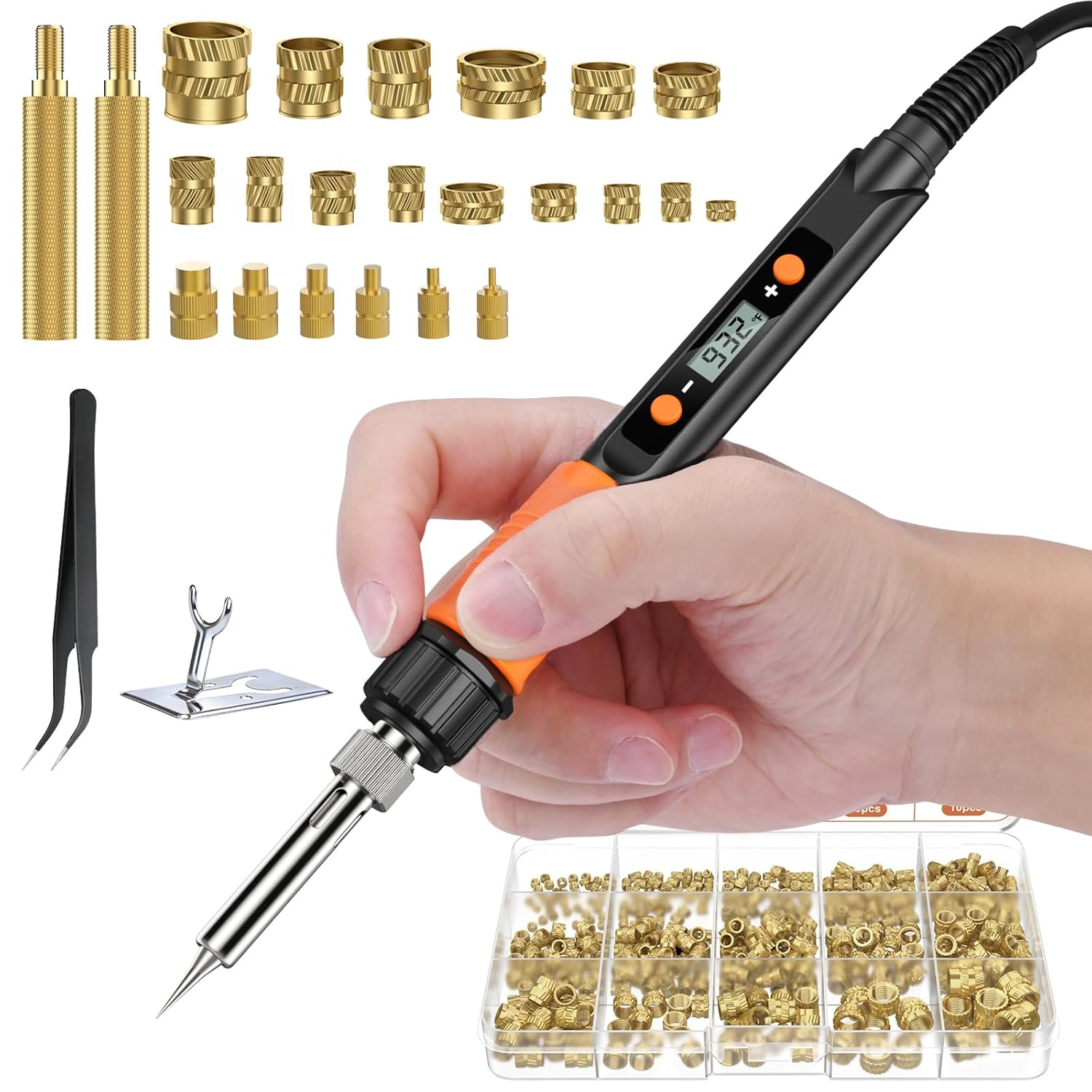 Threaded Inserts Set, 300Pcs Heat Set Inserts with M2 M3 M4 M5 M6 M8 Insert-Tip, 100W Digital Soldering Iron, Holder and Tweezer, for 3D Printer Parts or Plastic Parts