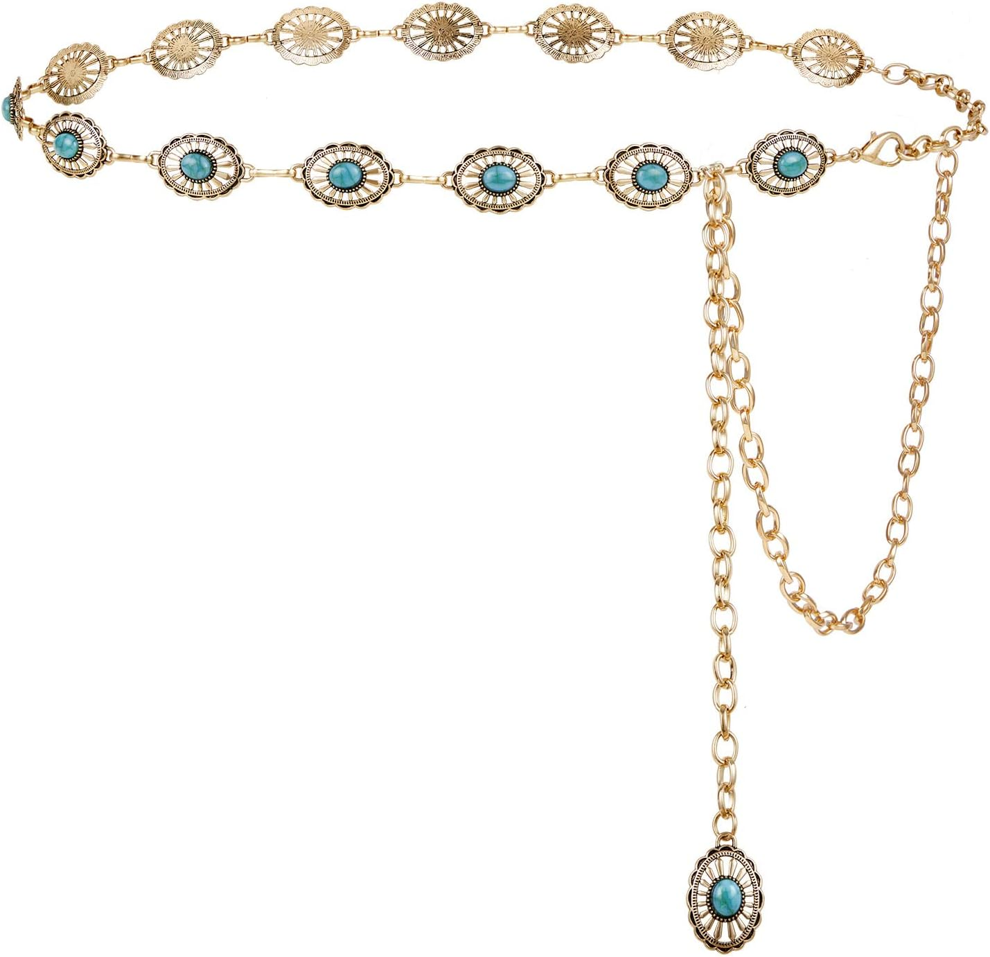 Metal Waist Chain Link Belt for Women Western Cowgirl Boho Turquoise Belts for Dress Jeans Country Concert Outfit