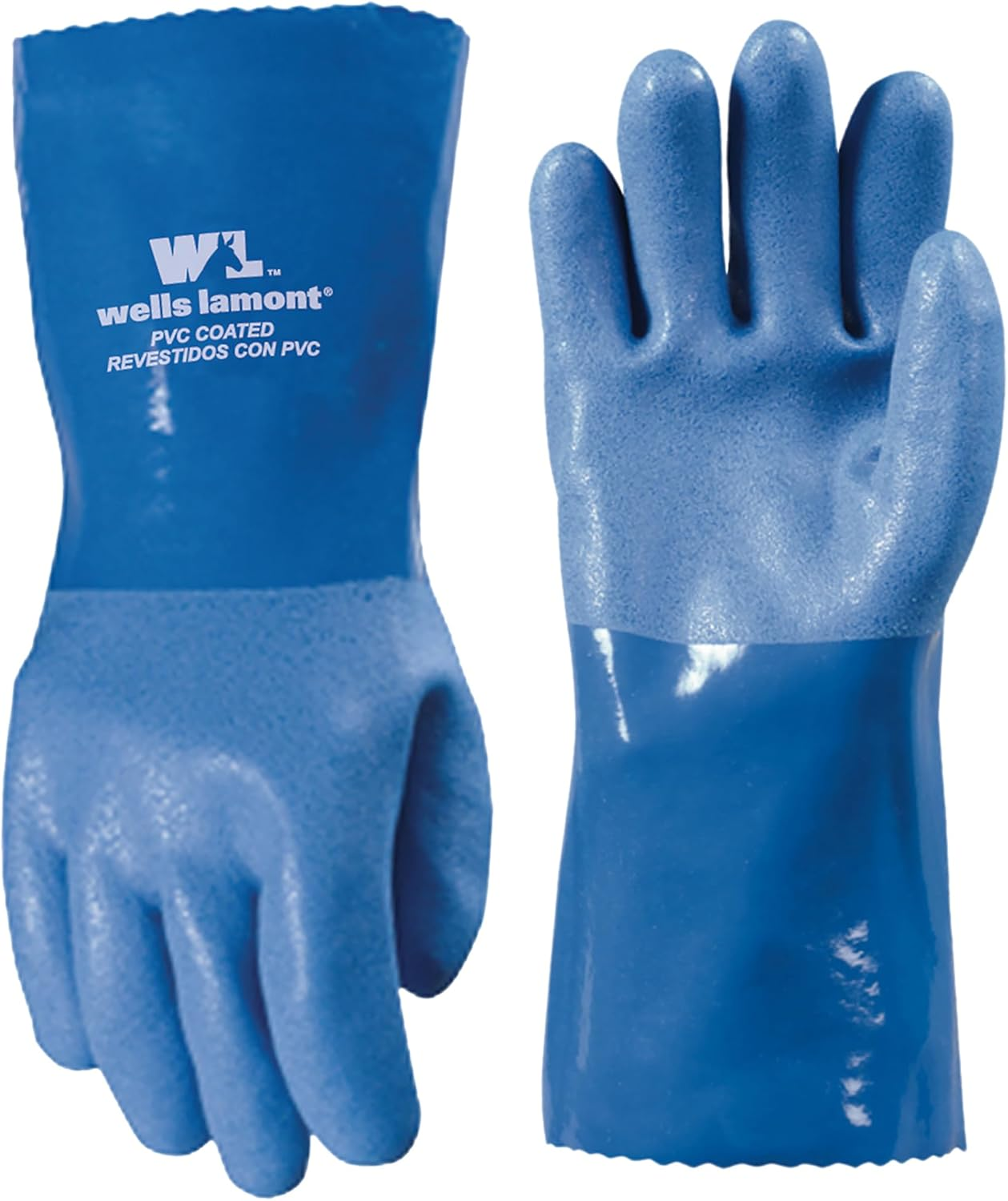 Heavy Duty Rubber Gloves with PVC Coating, Chemical and Abrasion Resistant, Waterproof, 12-Inch Cuff, Large, Blue (174L)