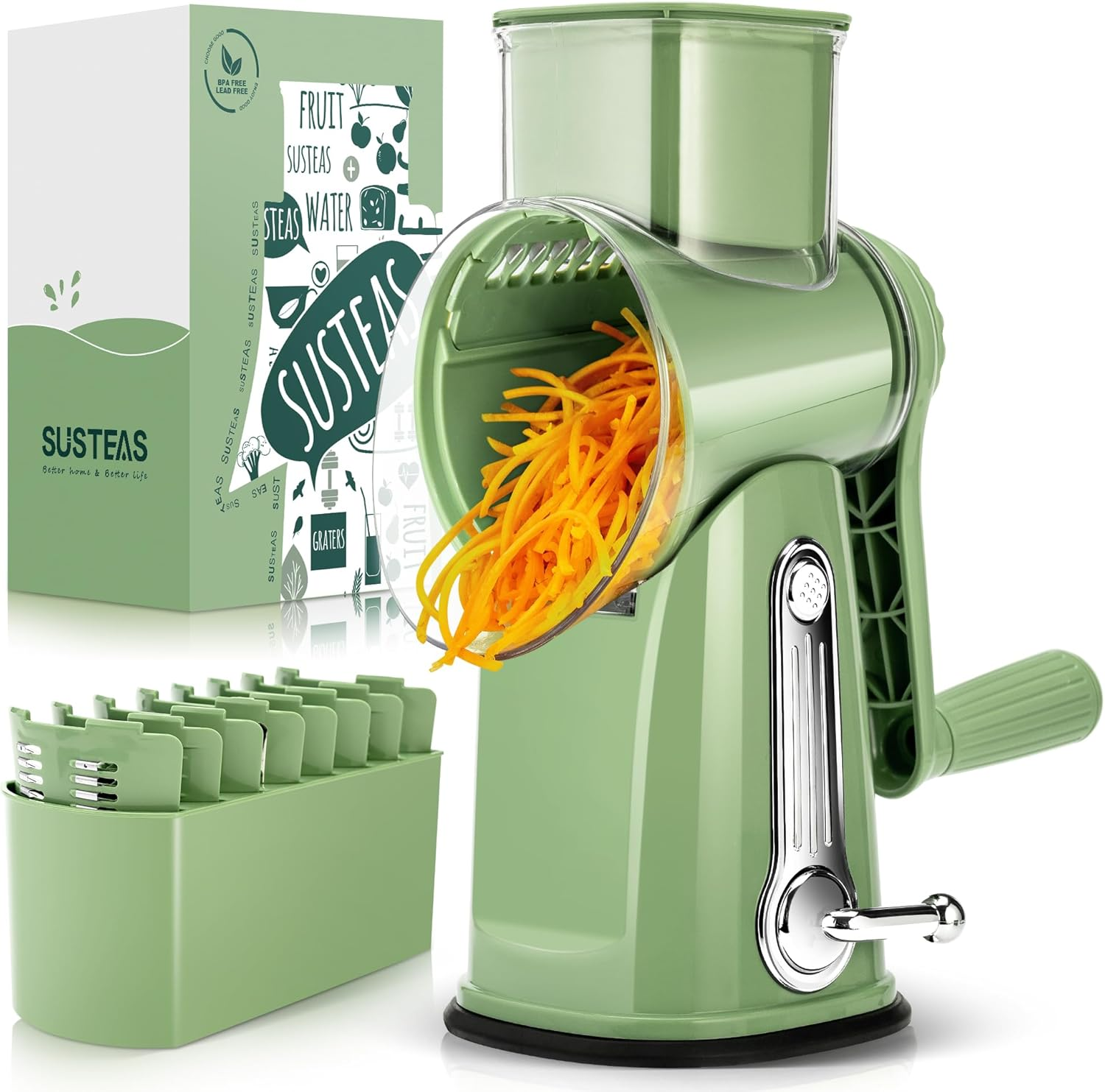 Rotary Cheese Grater with Handle - Vegetable Shredder with 5 Well-designed Blades & Strong Suction Base,Round Mandoline Slicer &  Chopper for Kitchen,with Blade Storage Box(Retro Green)