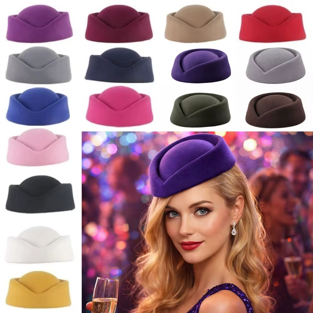 Solid Stewardess Hat British Retro Felt Beret New Pillbox Cap Women Headwear