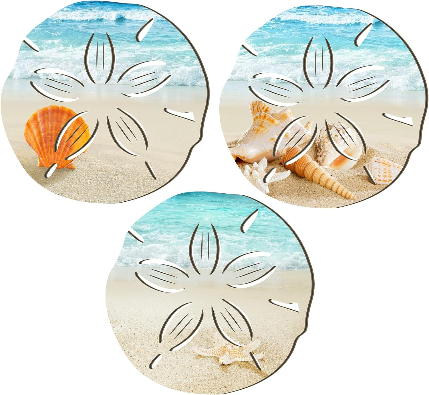 3 Pcs Summer Coastal Wall Decor Bathroom Beach Blue Wall Art Sea Turtle Surfboard Seahorse Starfish Seashell Conches Crabs Sea Life Decor for Bedroom Home (Sand Dollar Style)