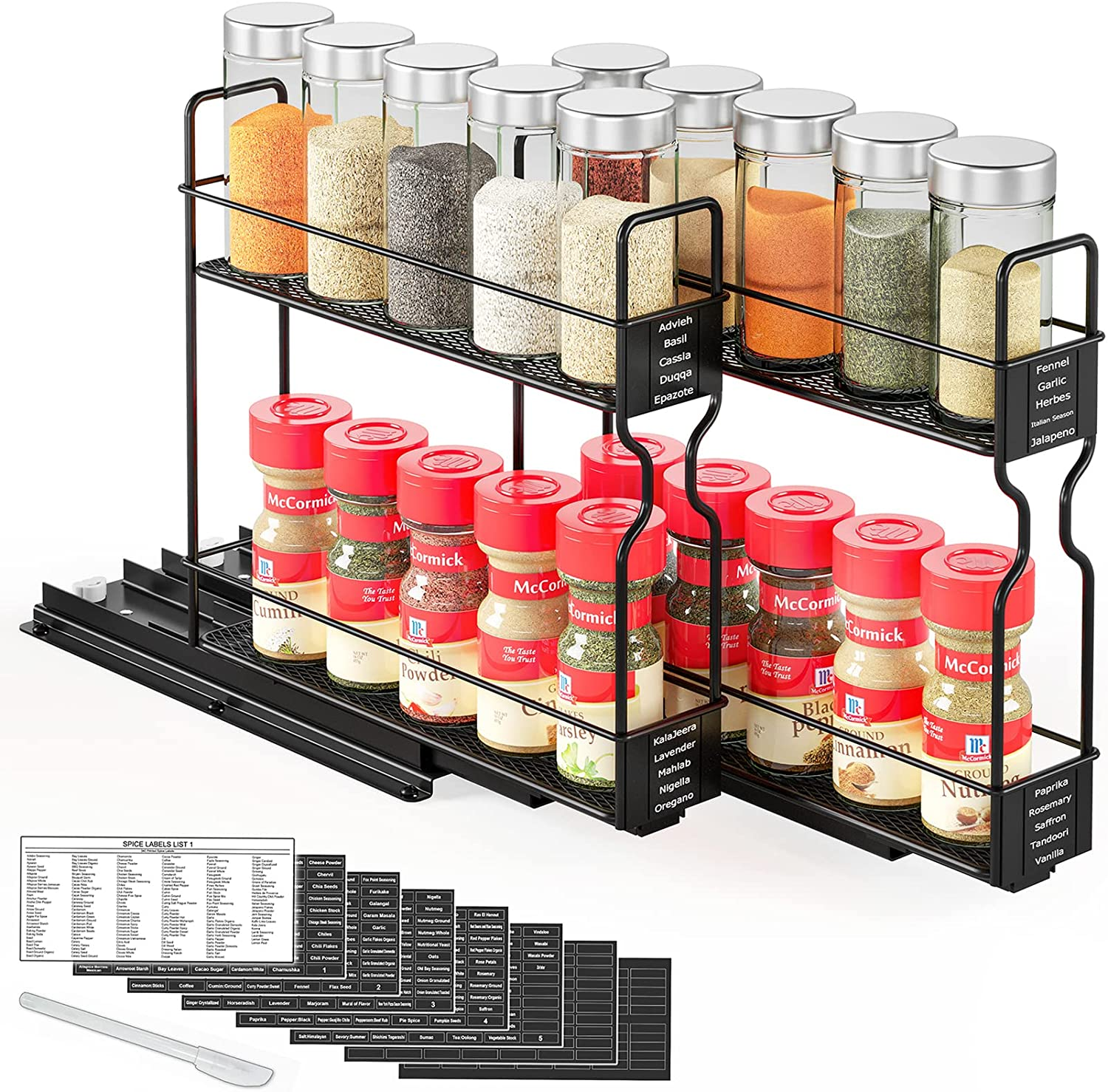 Pull Out Spice Rack Organizer for Cabinet, Heavy Duty Slide Out Seasoning Kitchen Organizer, Cabinet Organizer, with Labels, 5.2
