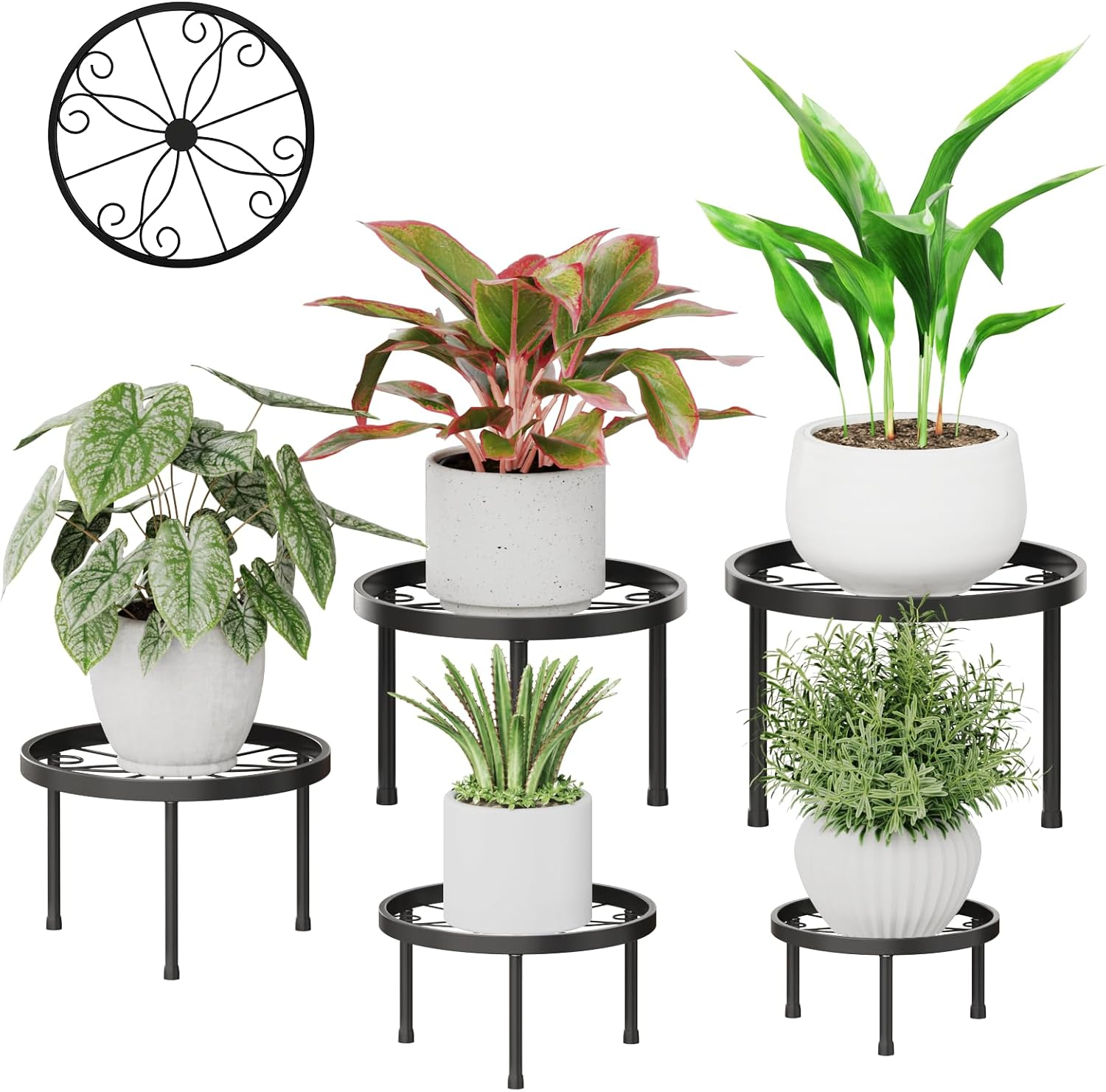 Metal Plant Stands Outdoor Indoor Anti-Rust Iron Flower Pot Rack for Multiple Plants Heavy Duty Black Plant Shelves for Patio Garden Home Décor, 5 Pack