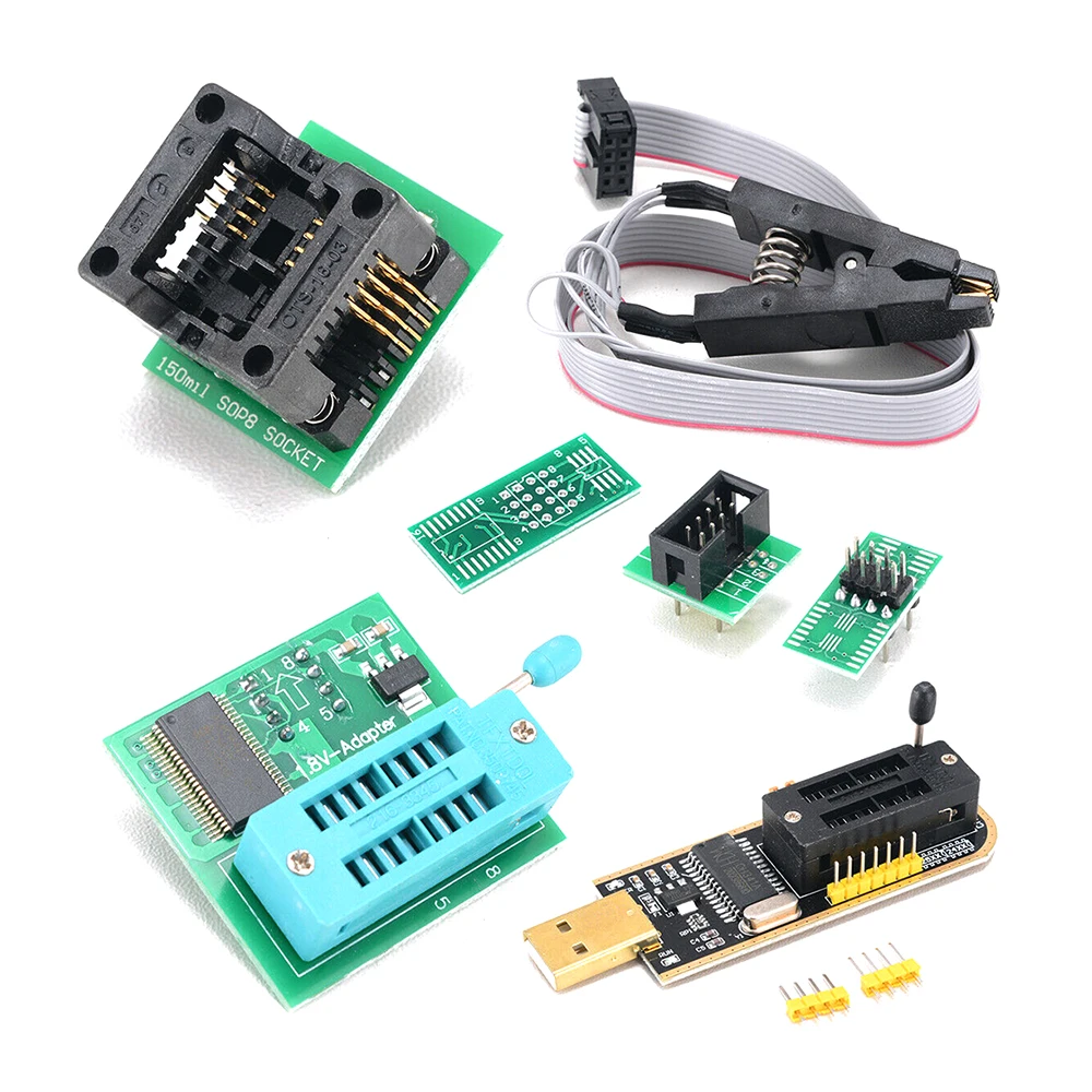 USB Programmer Kit with SOP8 Clip EEPROM Burner BIOS Flasher SPI Flash Programmer Kit with 1.8V Adapter and 150mil SOP8 Socket