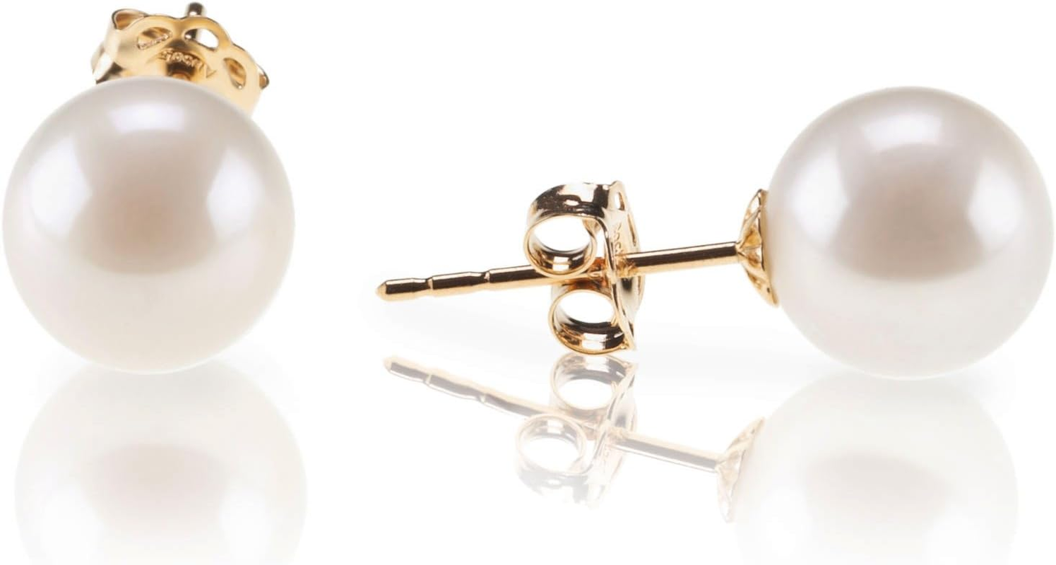 Aretes de perlas de concha simulada blanca plata de ley 925 chapados en oro 14k