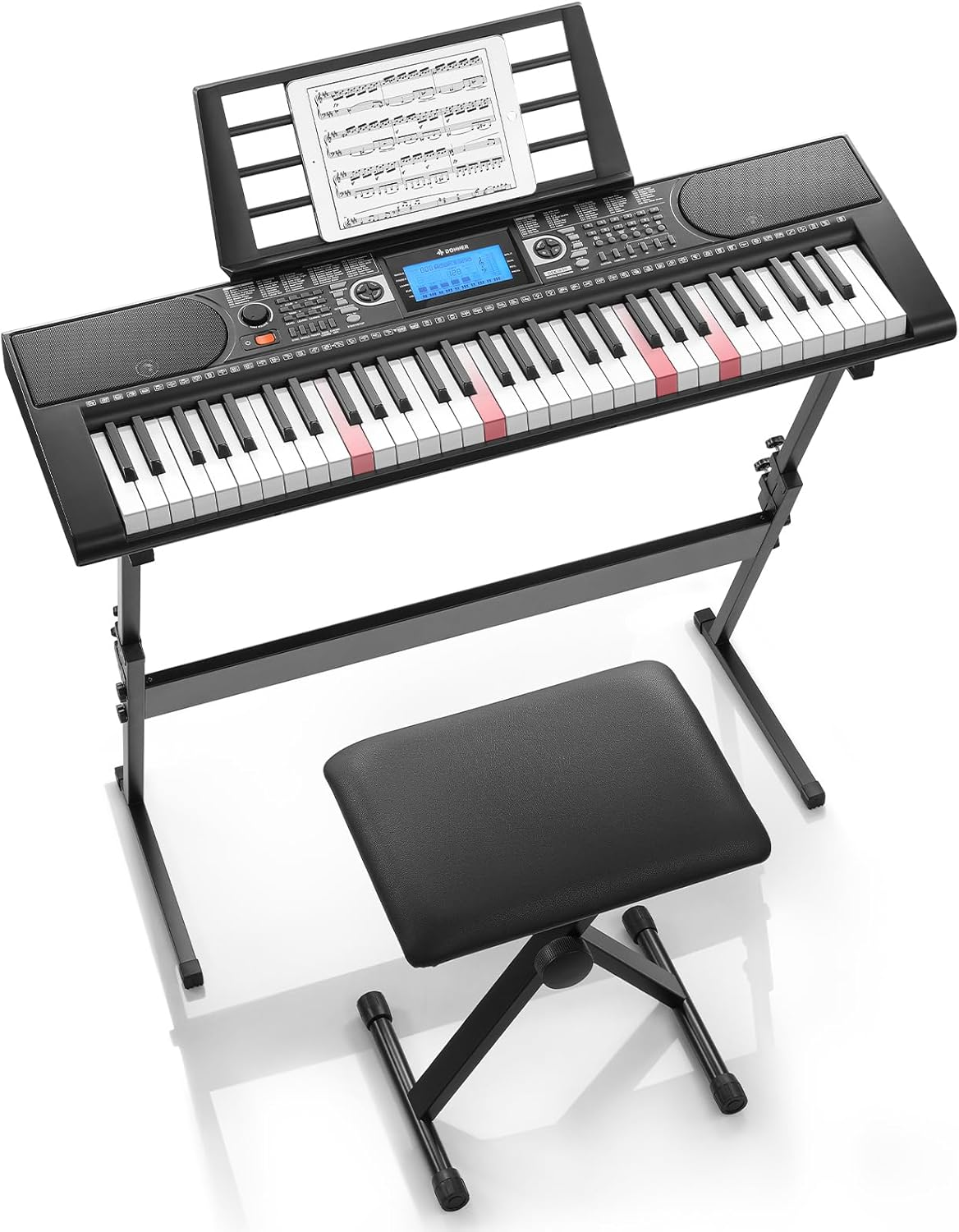 61 Key Keyboard Piano, Electric Piano Keyboard Set with Lighted Keys, LCD Display, 300 Tones & 256 Rhythms, Z-Stand, Bench, Learning Modes, Complete Kit for Beginners, Black(Dek-630)
