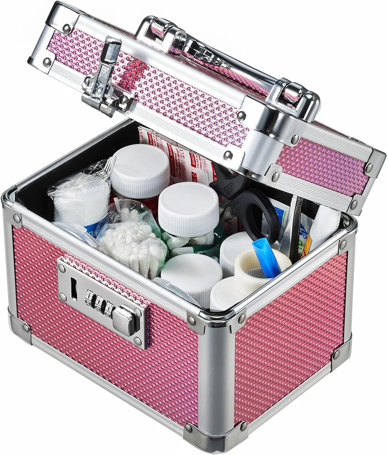 Medicine Lock Box with 3-Digit Combination Lock – Pink Lockable Storage Box for Medication, Small Lock Box for Valuables, 7