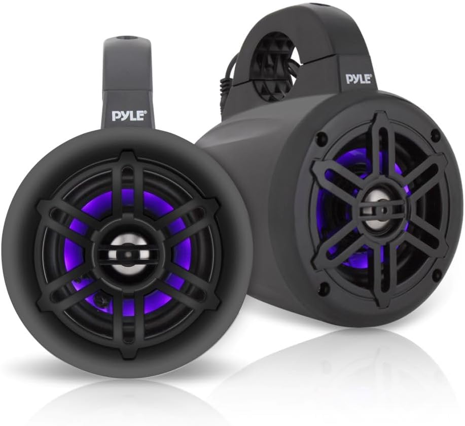 Waterproof Marine Wakeboard Tower Speakers - 4 Inch Dual Subwoofer Speaker Set W/ 300 Max Power Output - Boat Audio System W/Built-In LED Lights - Mounting Clamps Included PLMRLEWB46B (Black)