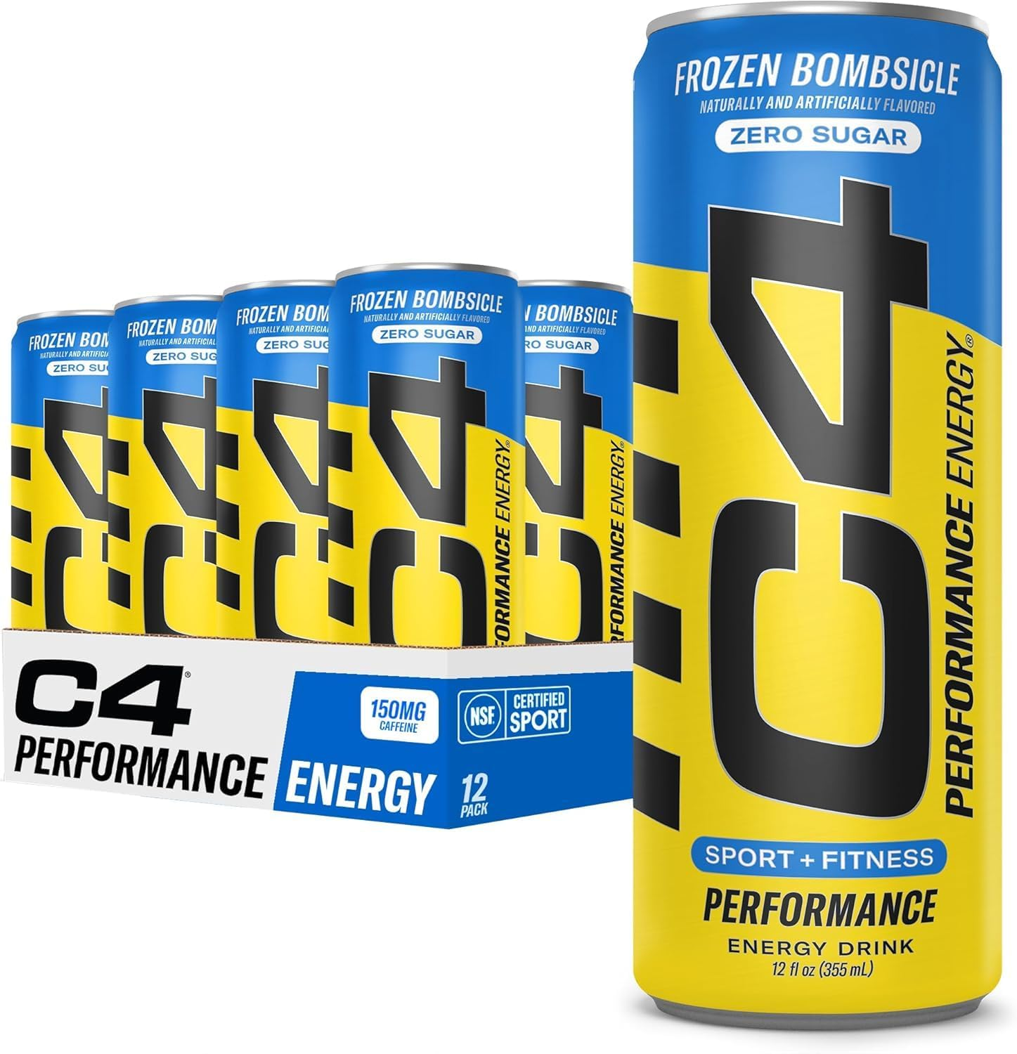 Energy Drink 12Oz (Pack of 12) - Frozen Bombsicle - Sugar Free Pre Workout Performance Drink with No Artificial Colors or Dyes