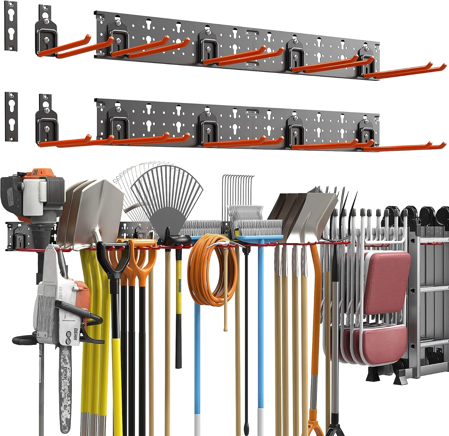 Garden Tool Organizer Wall Mount, Garage Folding Chair Storage Rack, Tools Rack for Shovels, Rakes, Broom, Ladders, Hooks for Keyhole Style Shelving Unit