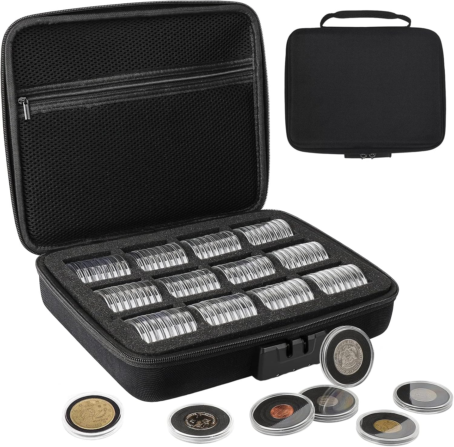 46Mm Coin Capsules with 11 Sizes Foam Gasket and Plastic Storage Organizer Box, Coin Storage Case with Lock Coin Collection Supplies for Dime,Cent,Nickel,Quarter,Silver Dollar,Half Dollar (Black Foam Gasket)