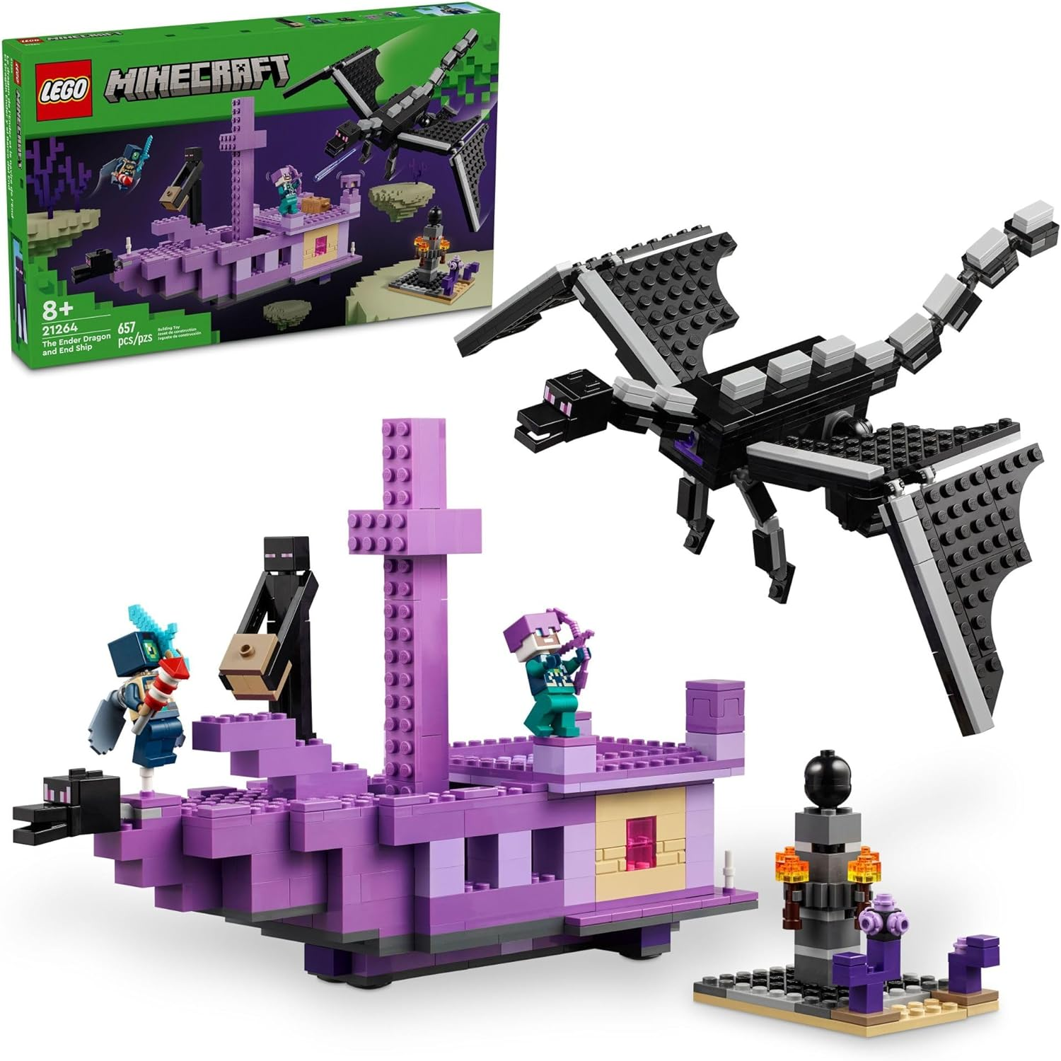 LEGO Minecraft the Ender Dragon and End Ship Building Set, Video Game Toy with 2 Minecraft Minifigures, Dragon Toy Action Playset for Kids, Birthday Gift for Boys and Girls Ages 8 and Up, 21264