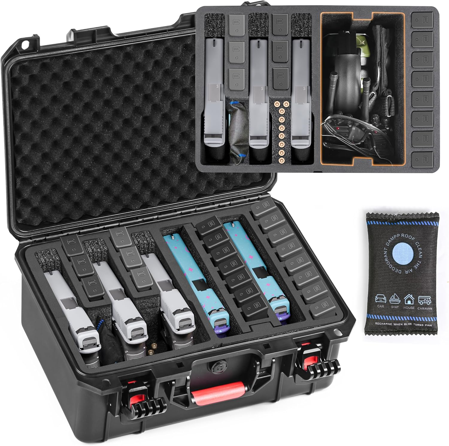 Pistol Gun Case, Hard Waterproof Tsa-Approved Gun Case, Holds Multiple Pistols and Magazines, Lockable Handgun Case with Pre-Cut Foam, Heavy-Duty Black Protective Shell
