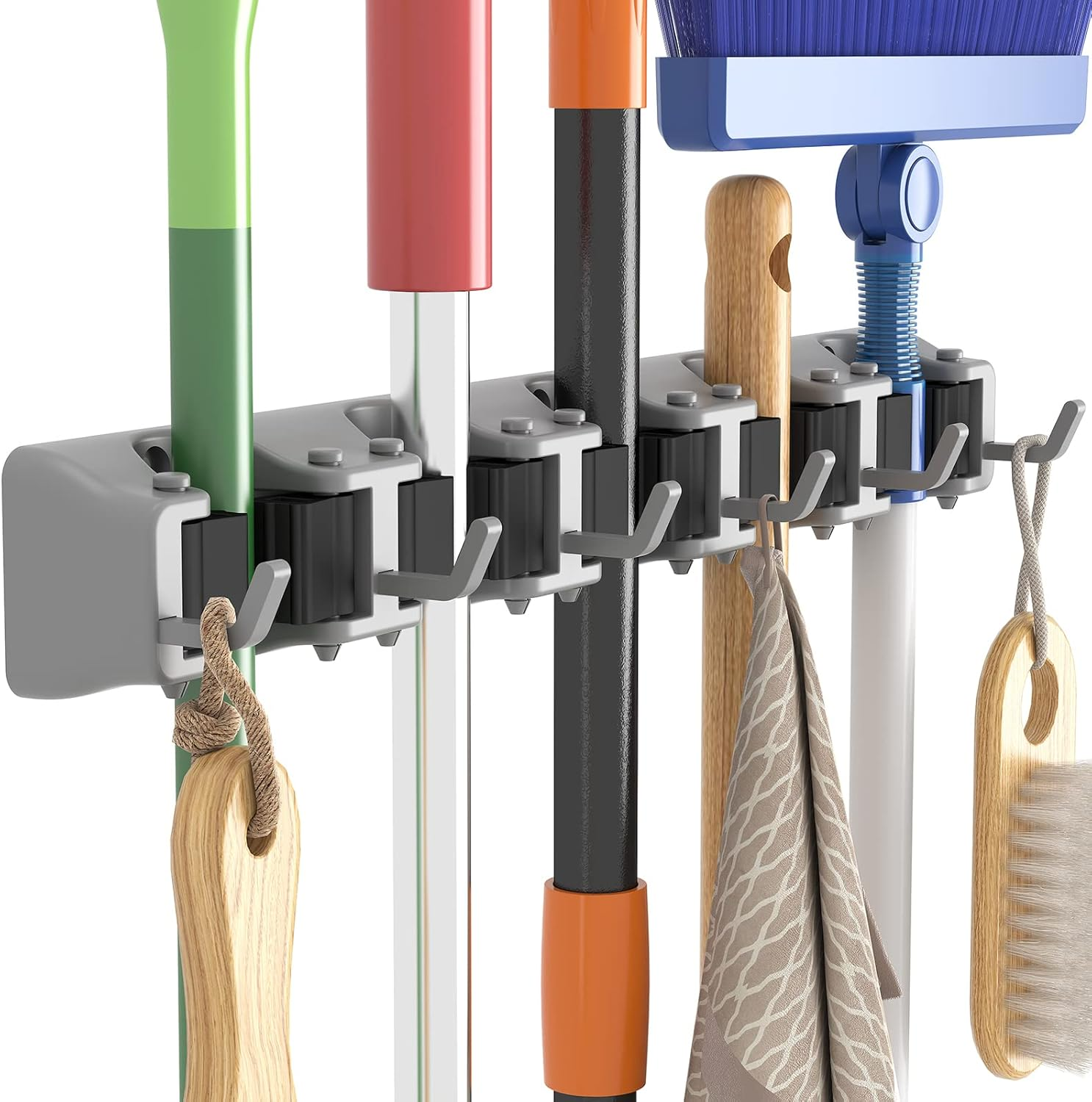Mop and Broom Holder Wall Mount, Anti-Slip Broom Hanger for Kitchen Organization, Heavy Duty Cleaning Supplies Organizer, Easy Install Tool Organizer for Closet, Garage, 5 Slot 6 Hooks, Grey