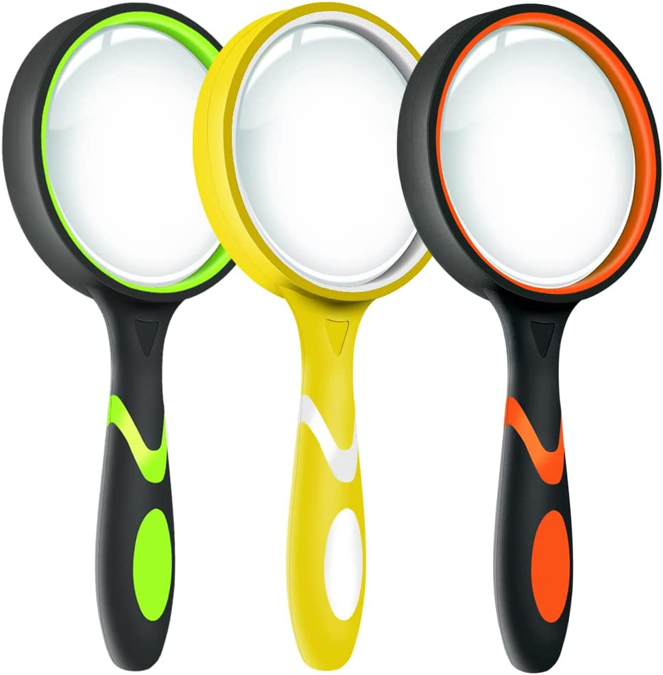 3 Pack Magnifying Glass, 10X Non-Slip Handheld Reading Magnifier for Kids and Seniors, 75Mm Magnifying Glass Lens for Reading, and Nature Exploration