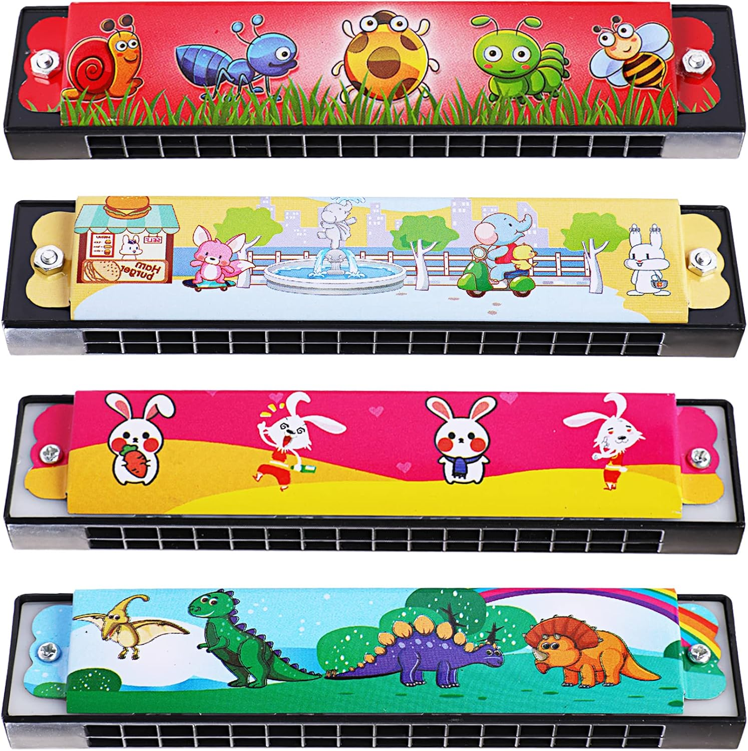 Harmonica Party Favors,4Pcs Cartoon Harmonicas Key of C 16 Hole Harmonica for Birthday Parties, Goodie Bags