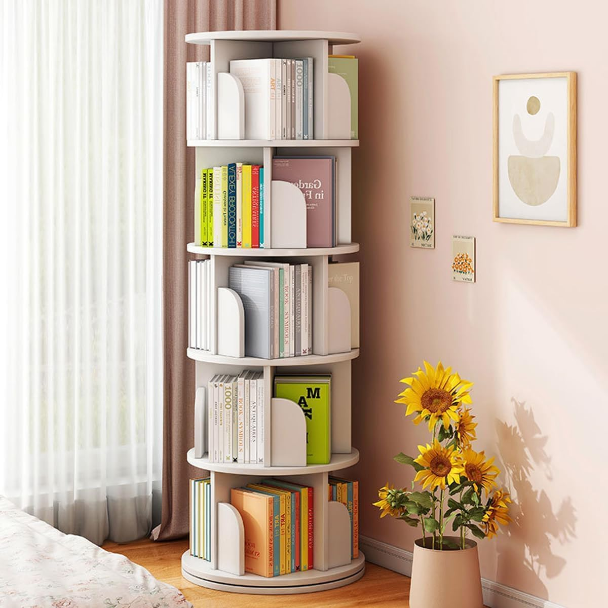5 Tier Rotating Bookshelf, 360° round Spinning Bookcase, Floor Standing Revolving Book Shelf Tower, 160Cm Tall Circle Swivel Bookcase for Small Space, Bedroom, Study Room, White