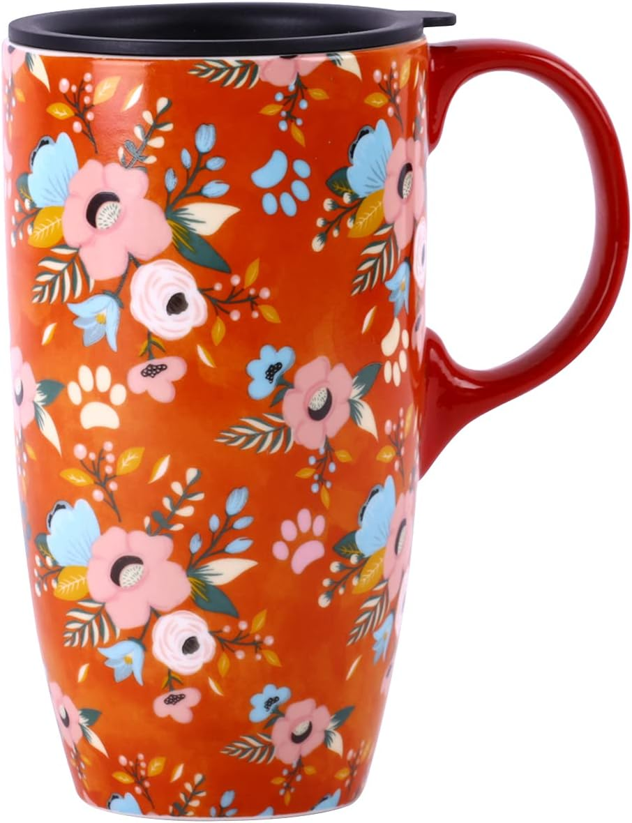Ceramic Coffee Mug Travel Cup with Lid for Home & Office, 17Oz. Porcelain Large Tall Tea Cup with Handle, 6.5