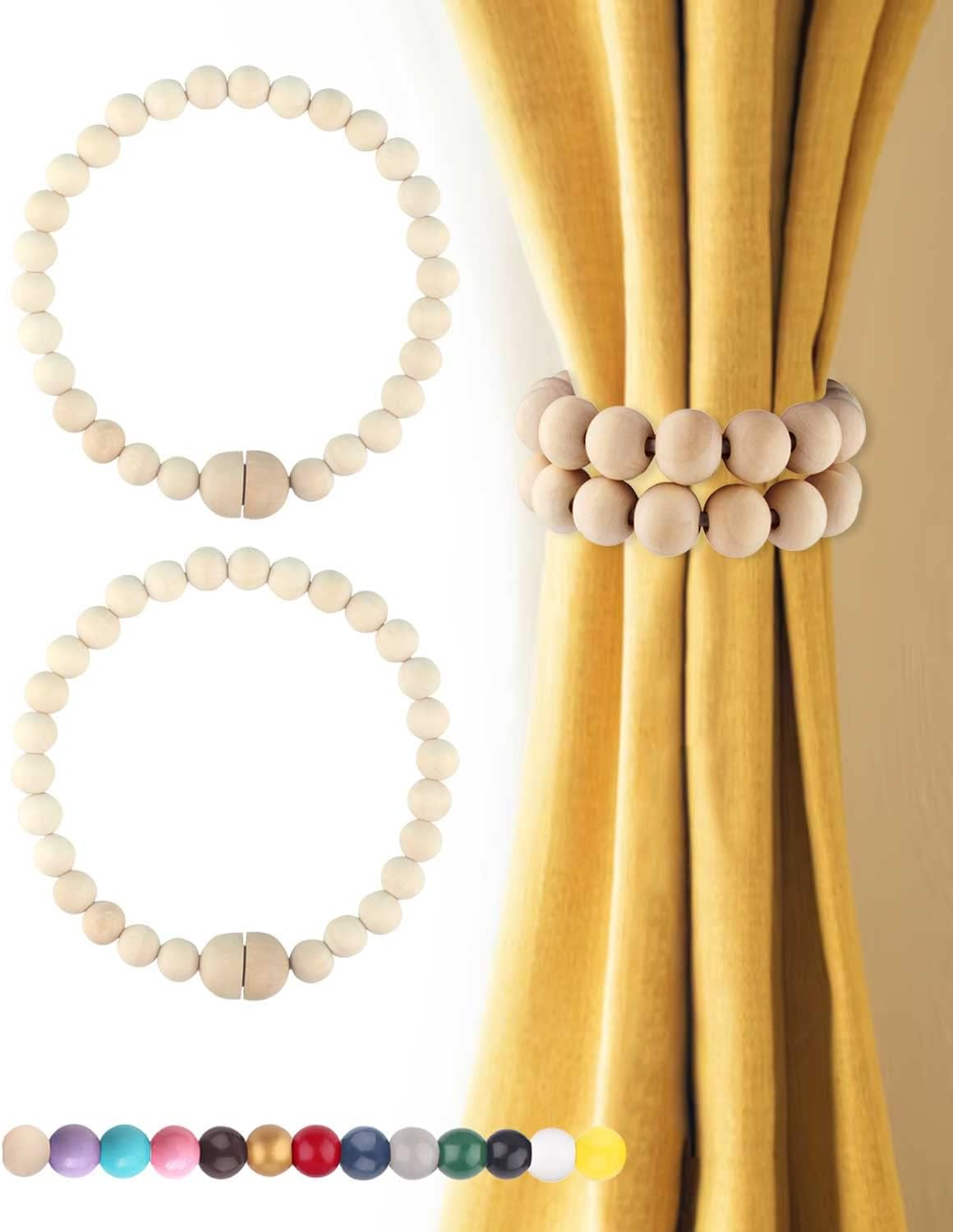 Magnetic Curtain Tiebacks Boho Beaded: Strong Magnets, Boho Decor Wood Bead Curtain Tiebacks, Farmhouse Decor Curtain Tie Backs for Curtain Holdbacks, Baby Nursery Decor, Natural, 2 Pack